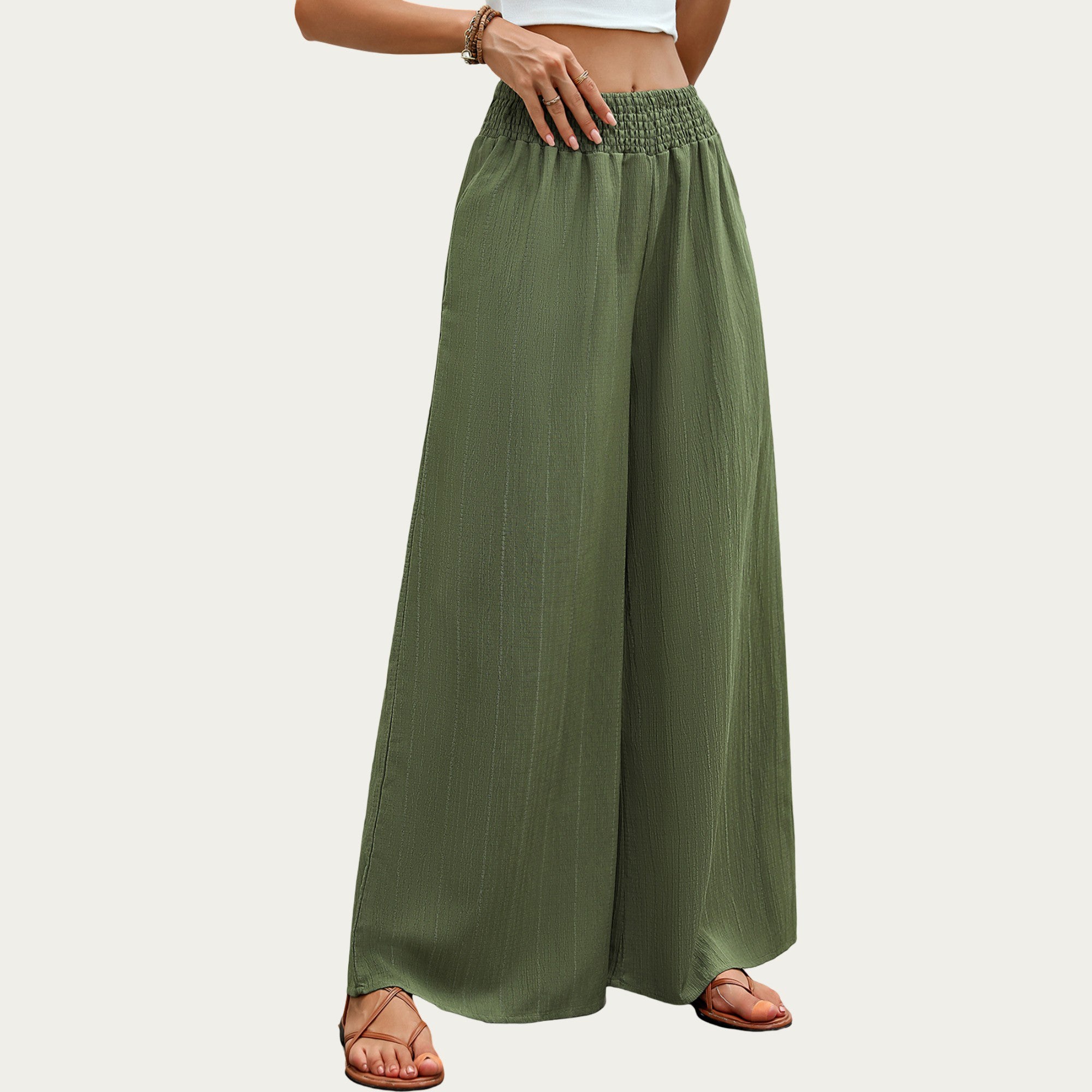 Anna-Kaci High Waist Wide Leg Pants with Smocked Waistband and Textured Fabric Relaxed Fit Flowing Design