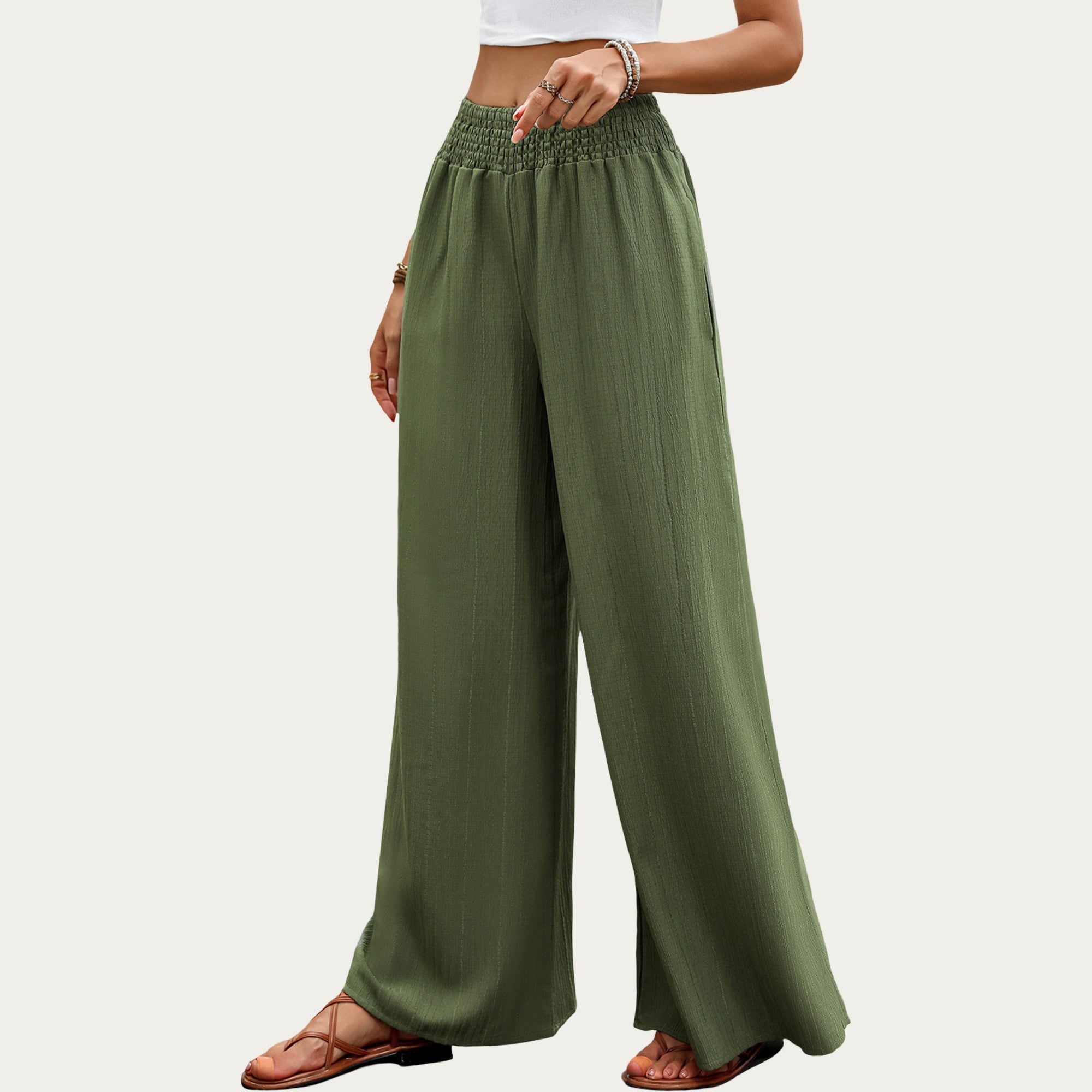 Anna-Kaci High Waist Wide Leg Pants with Smocked Waistband and Textured Fabric Relaxed Fit Flowing Design