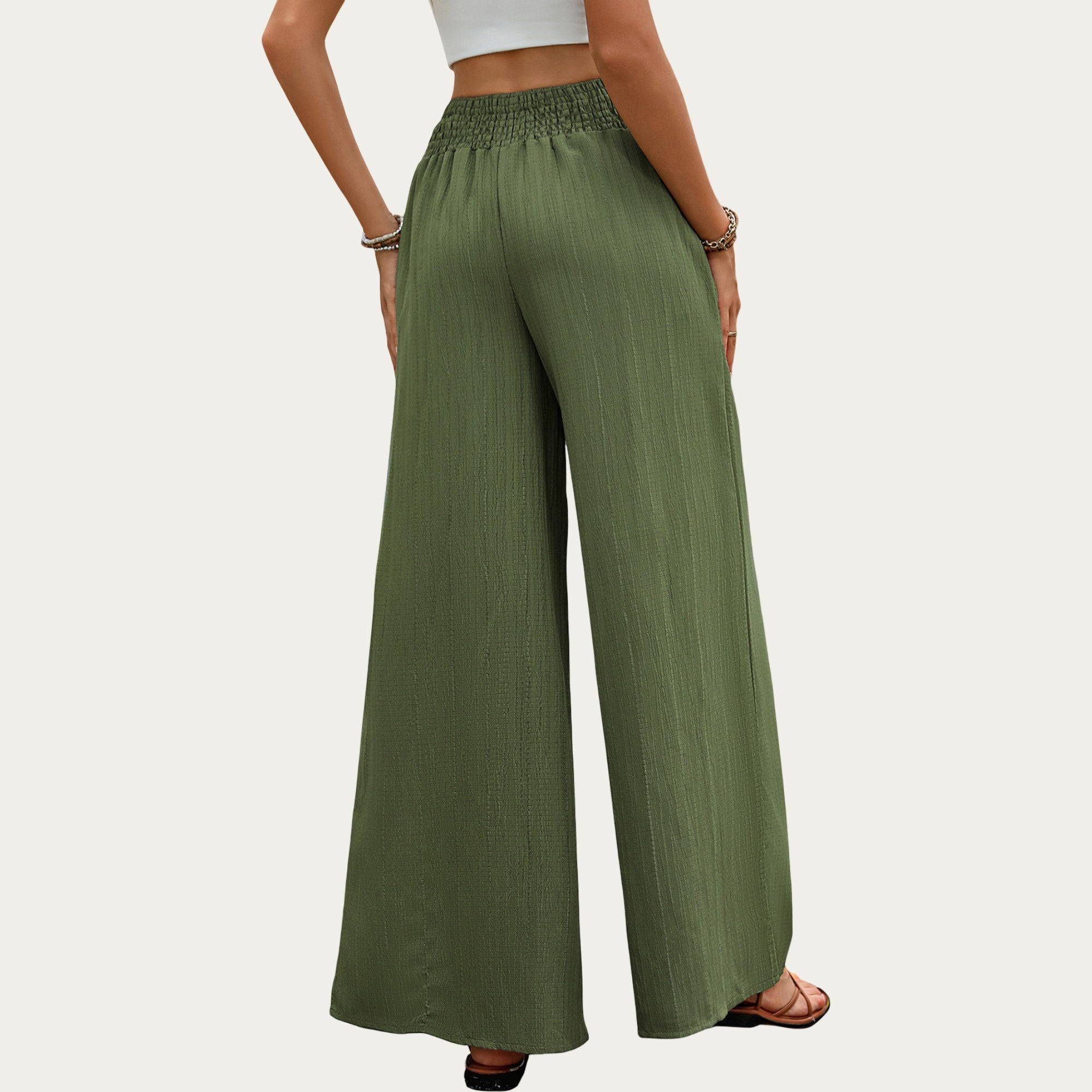 Anna-Kaci High Waist Wide Leg Pants with Smocked Waistband and Textured Fabric Relaxed Fit Flowing Design