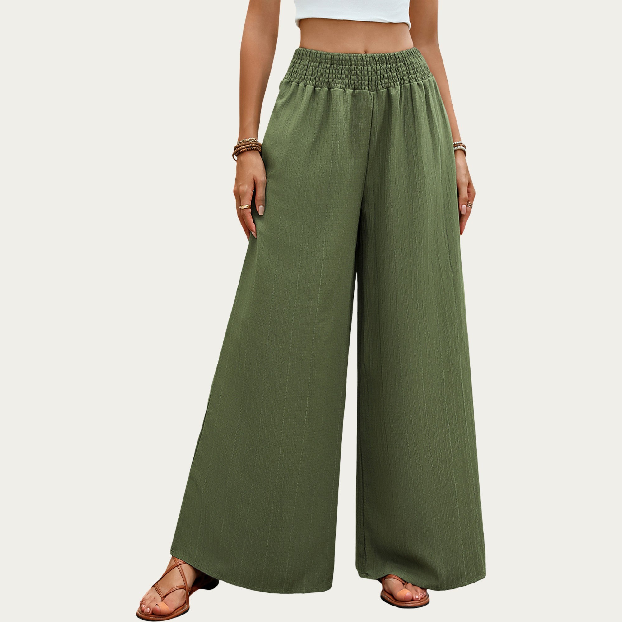 Anna-Kaci High Waist Wide Leg Pants with Smocked Waistband and Textured Fabric Relaxed Fit Flowing Design