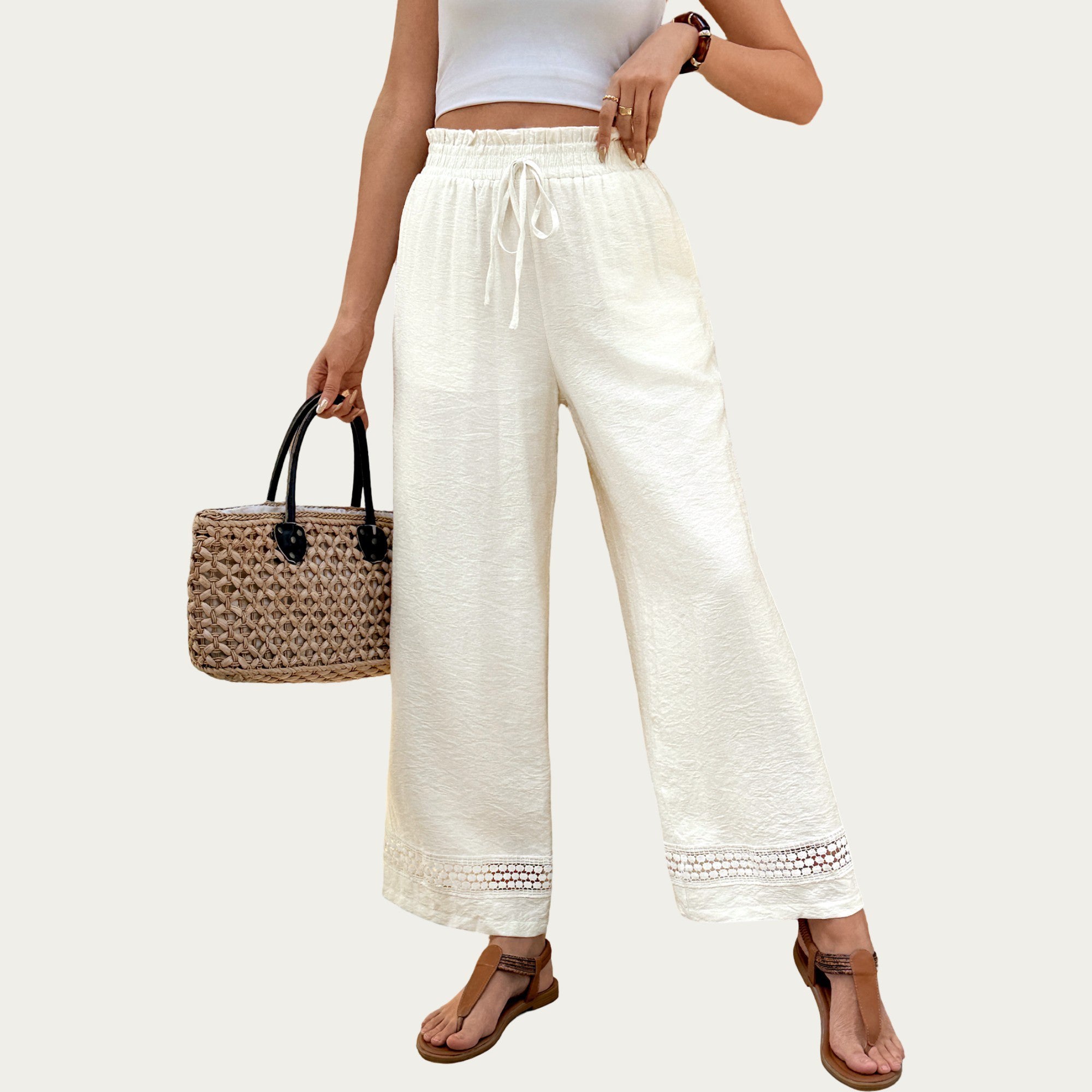 Anna-Kaci High Waist Wide Leg Pants with Drawstring Waist and Lace Trim Hem Relaxed Fit Lightweight Design