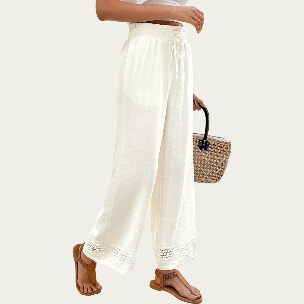 Anna-Kaci High Waist Wide Leg Pants with Drawstring Waist and Lace Trim Hem Relaxed Fit Lightweight Design