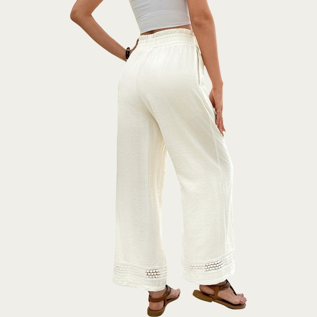 Anna-Kaci High Waist Wide Leg Pants with Drawstring Waist and Lace Trim Hem Relaxed Fit Lightweight Design
