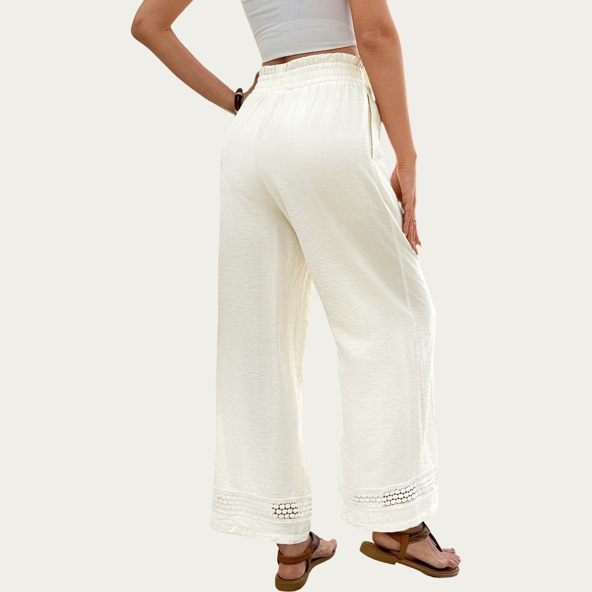 Anna-Kaci High Waist Wide Leg Pants with Drawstring Waist and Lace Trim Hem Relaxed Fit Lightweight Design