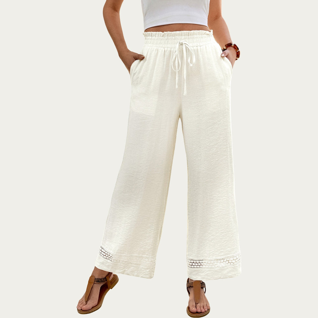 Anna-Kaci High Waist Wide Leg Pants with Drawstring Waist and Lace Trim Hem Relaxed Fit Lightweight Design