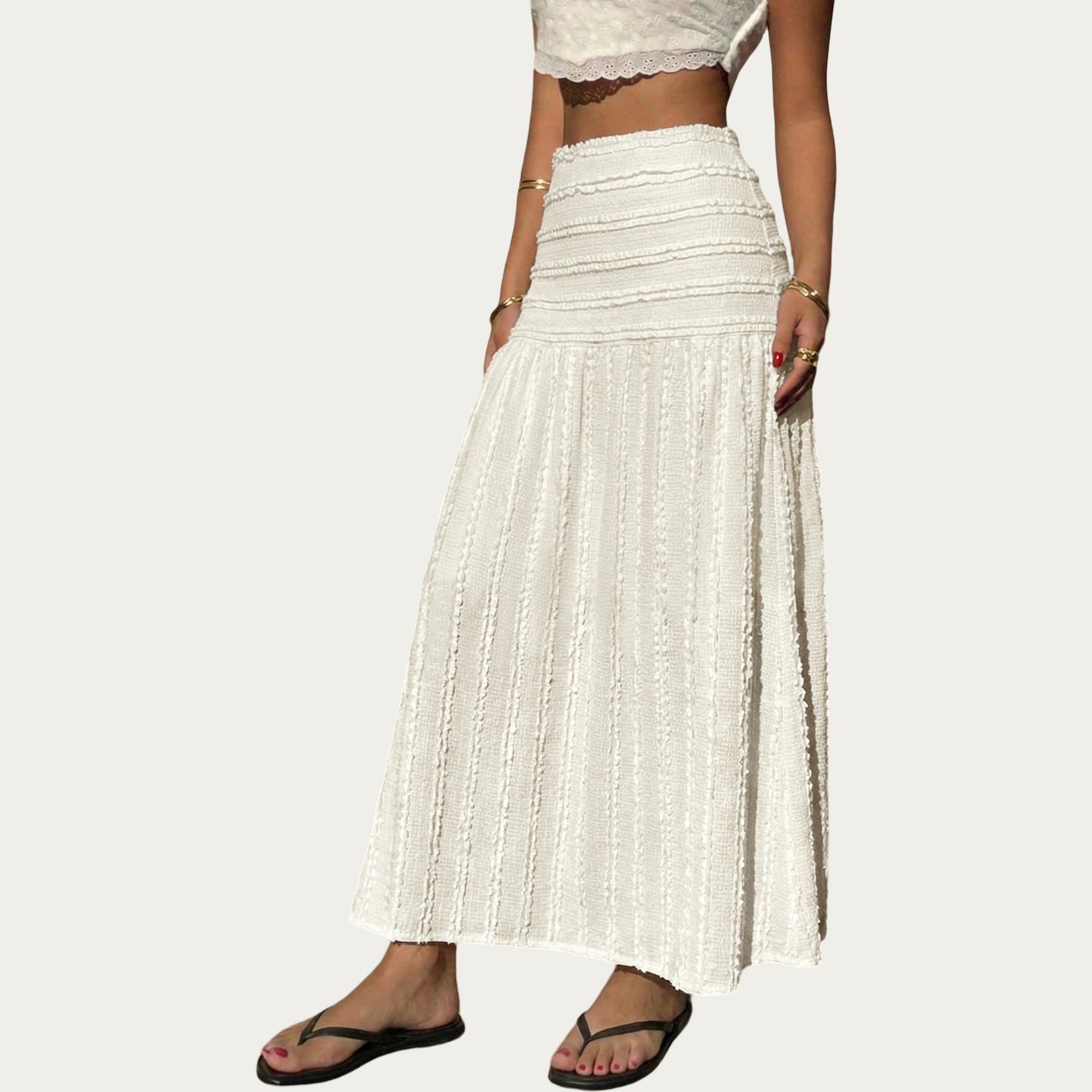Anna-Kaci High Waist Textured Maxi Skirt with Smocked Waistband and Flowy A-Line Silhouette