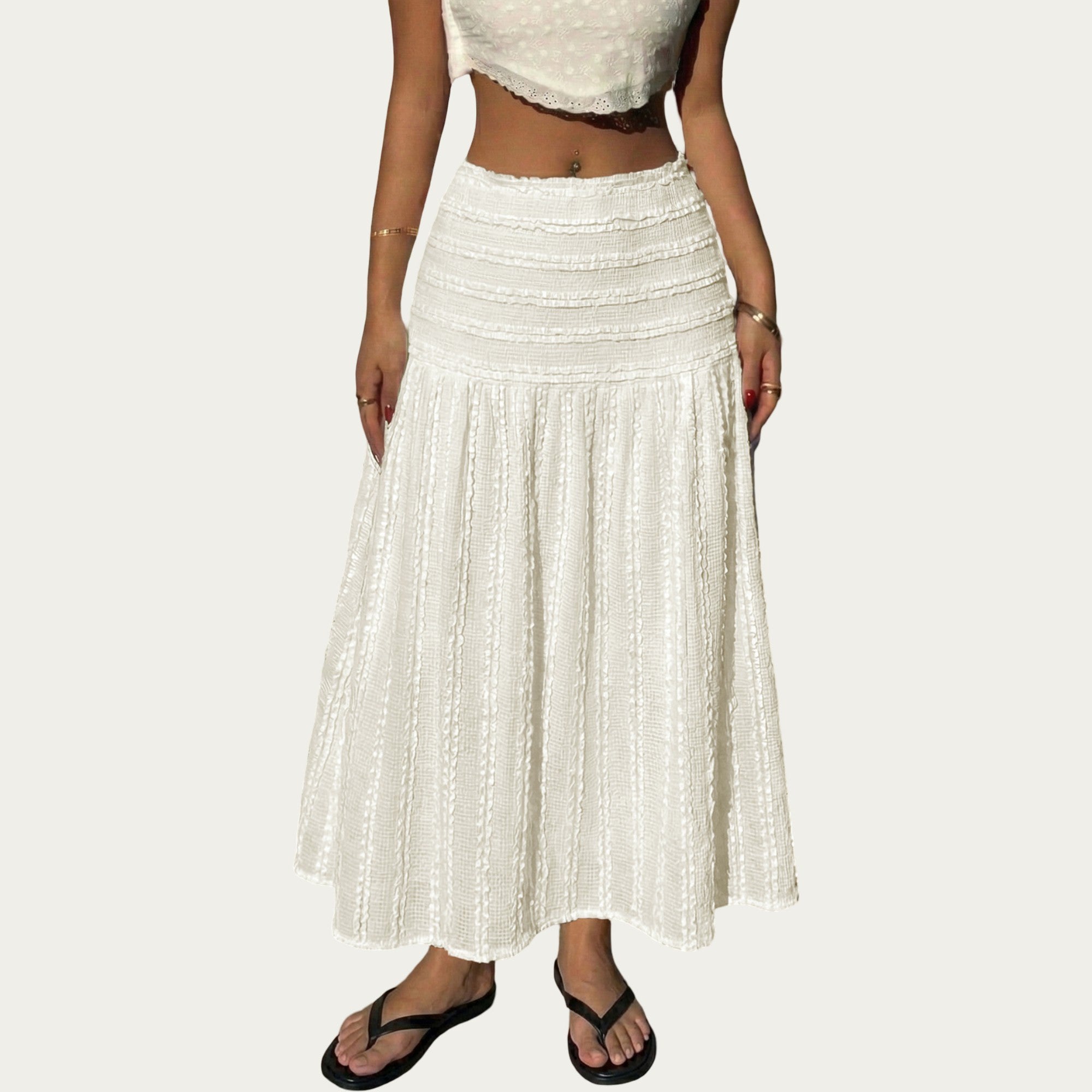 Anna-Kaci High Waist Textured Maxi Skirt with Smocked Waistband and Flowy A-Line Silhouette