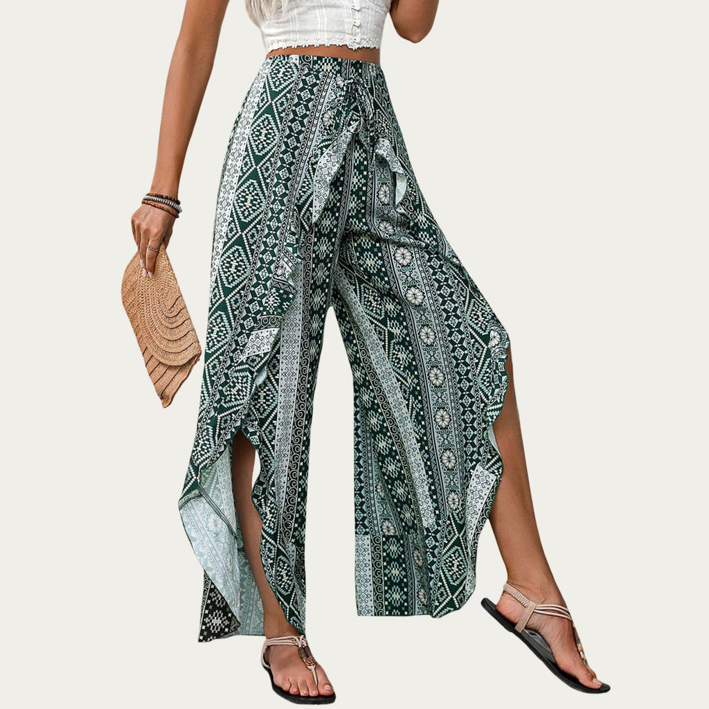 Anna-Kaci High Waist Wide Leg Split Wrap Pants with Bohemian Print and Adjustable Tie Waist