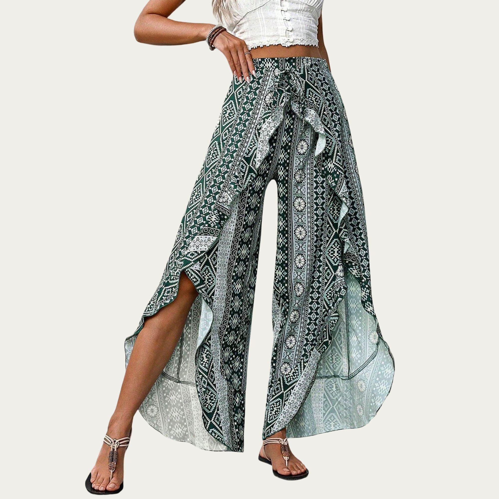 Anna-Kaci High Waist Wide Leg Split Wrap Pants with Bohemian Print and Adjustable Tie Waist