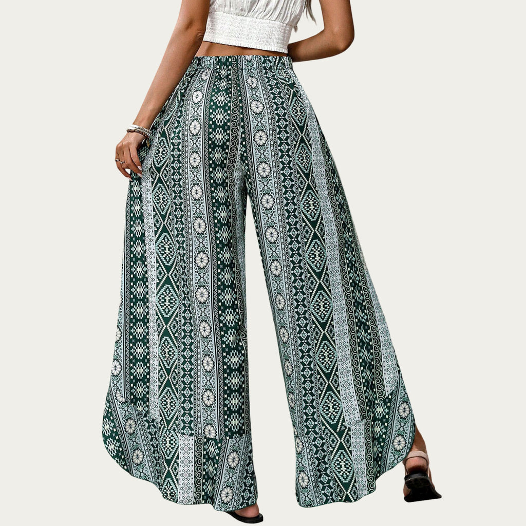 Anna-Kaci High Waist Wide Leg Split Wrap Pants with Bohemian Print and Adjustable Tie Waist