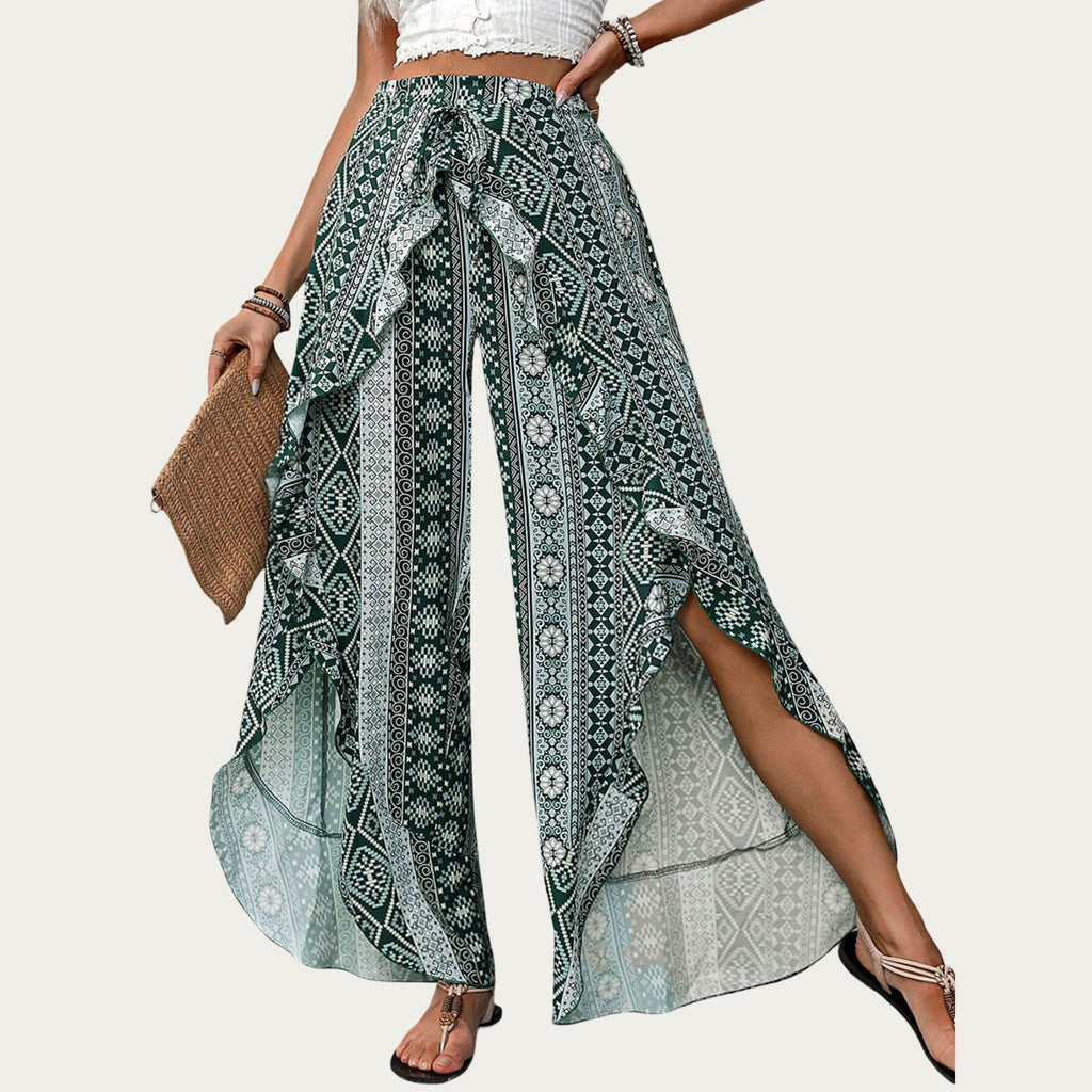 Anna-Kaci High Waist Wide Leg Split Wrap Pants with Bohemian Print and Adjustable Tie Waist