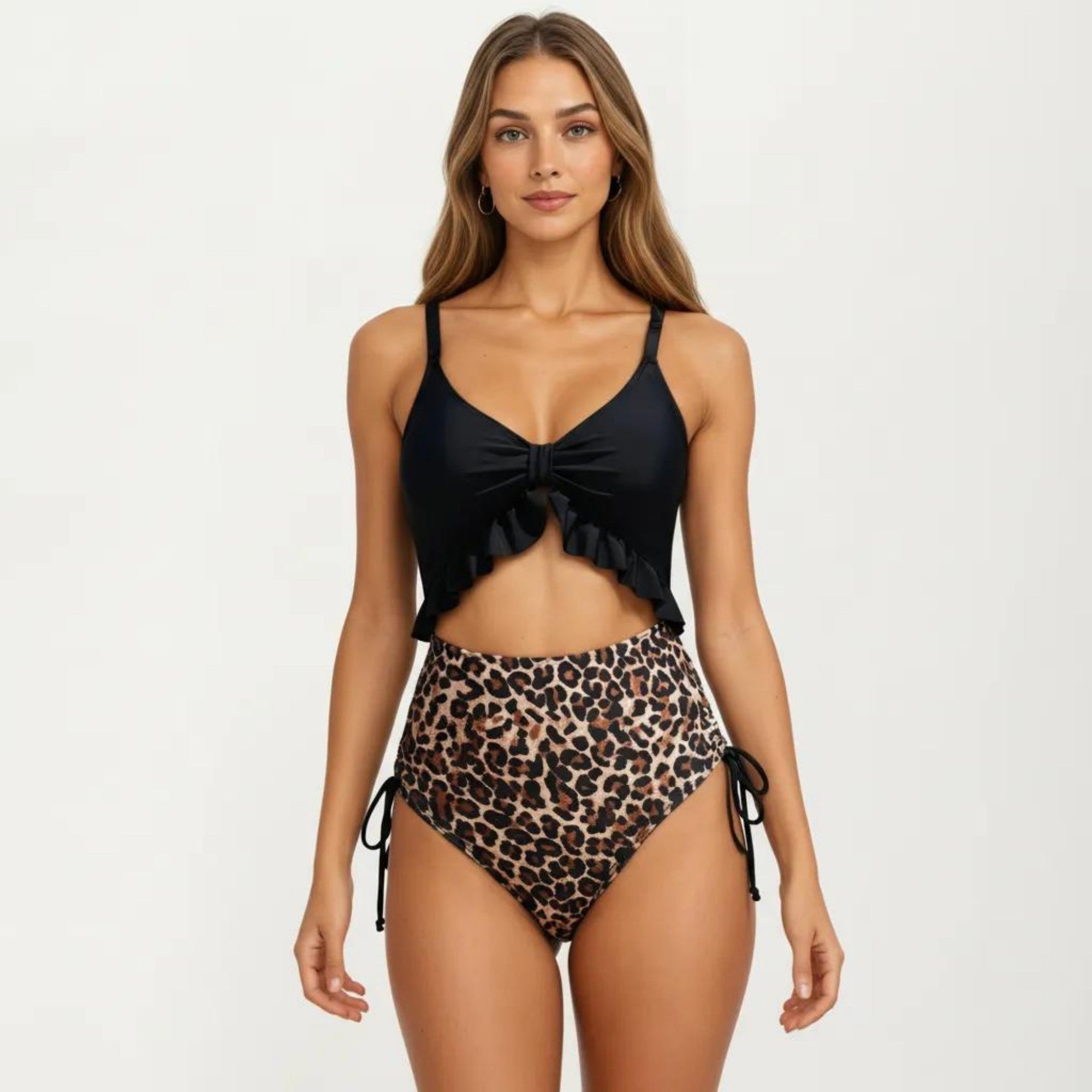 Anna-Kaci Women's One Piece Swimsuit with Ruffle Trim Front Tie Detail and High Waisted Bottom
