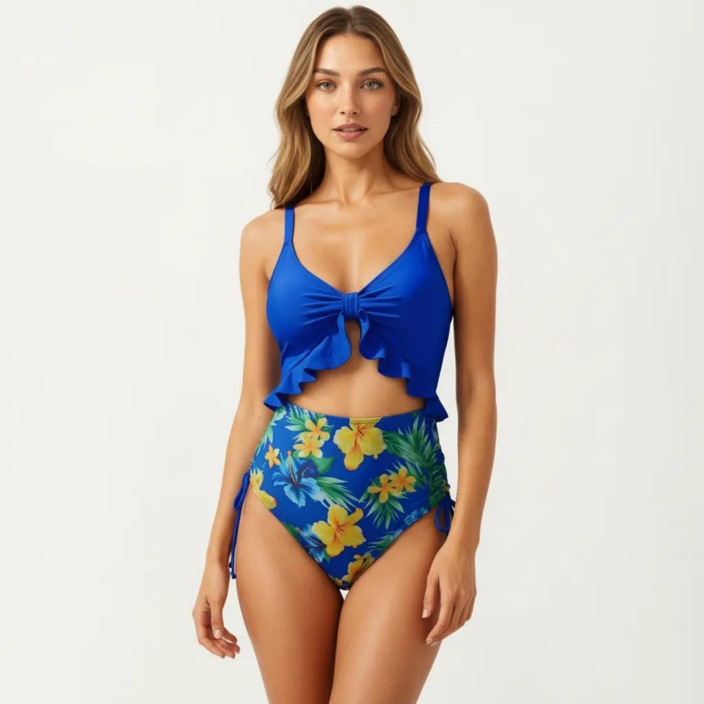 Anna-Kaci Women's One Piece Swimsuit with Ruffle Trim Front Tie Detail and High Waisted Bottom
