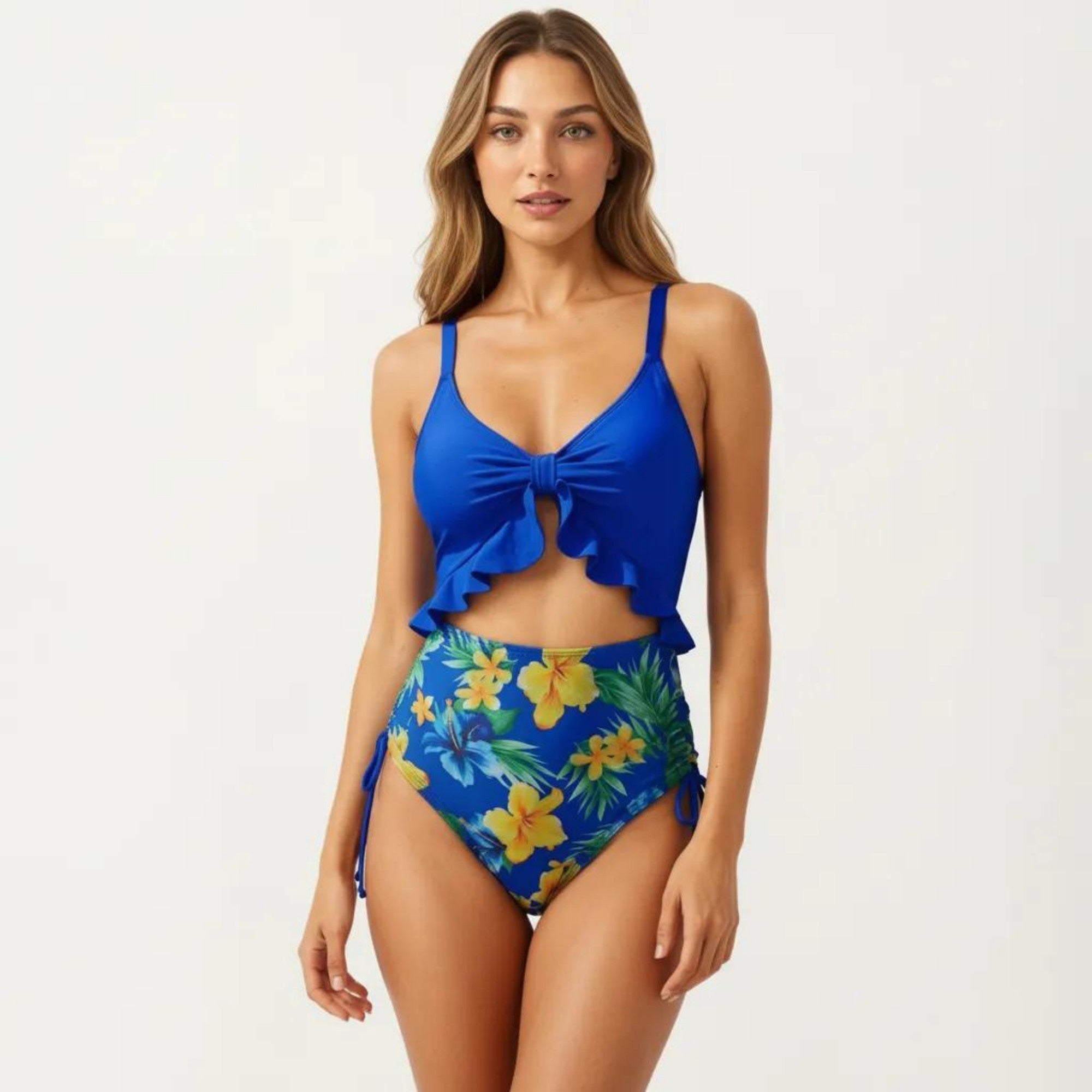 Anna-Kaci Women's One Piece Swimsuit with Ruffle Trim Front Tie Detail and High Waisted Bottom