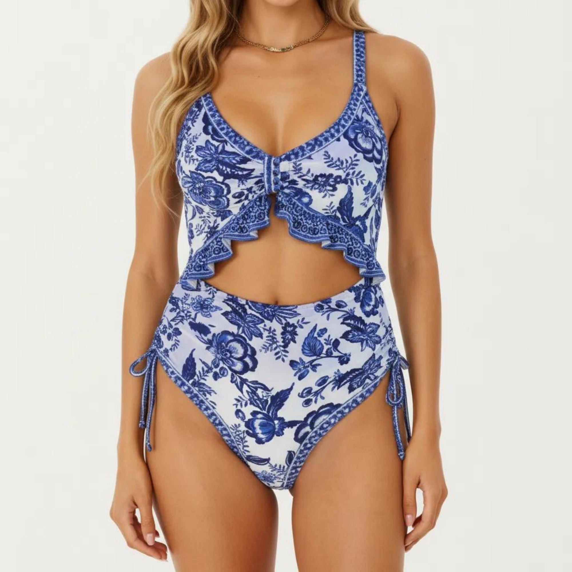 Anna-Kaci Women's One Piece Swimsuit with Ruffle Trim Front Tie Detail and High Waisted Bottom