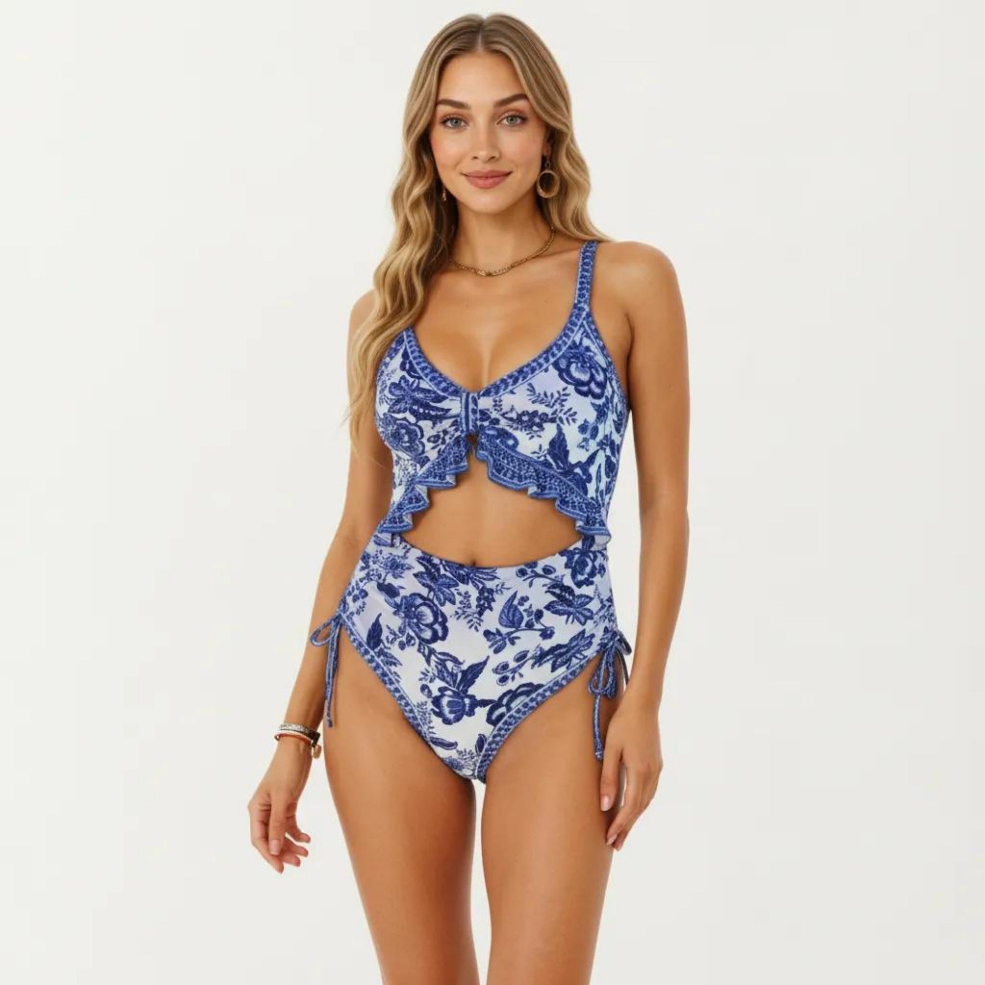 Anna-Kaci Women's One Piece Swimsuit with Ruffle Trim Front Tie Detail and High Waisted Bottom