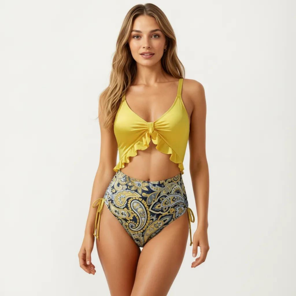 Anna-Kaci Women's One Piece Swimsuit with Ruffle Trim Front Tie Detail and High Waisted Bottom