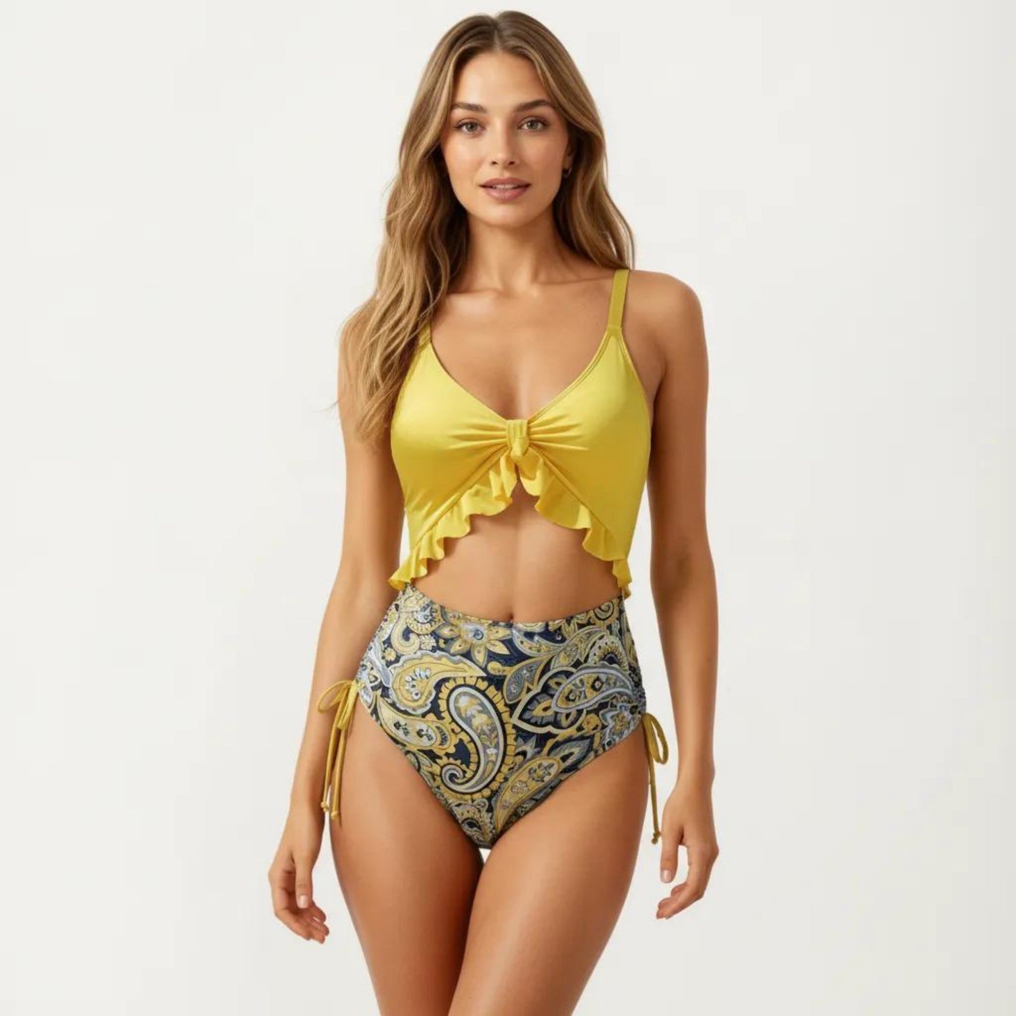 Anna-Kaci Women's One Piece Swimsuit with Ruffle Trim Front Tie Detail and High Waisted Bottom