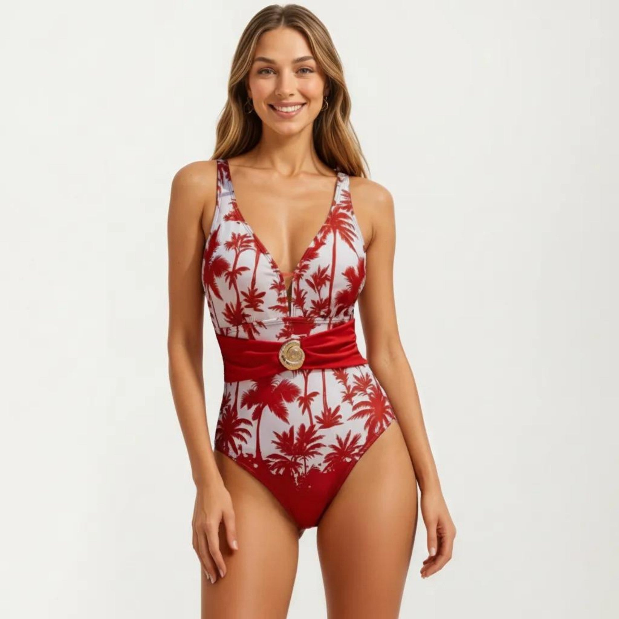 Anna-Kaci Women's One Piece Swimsuit with Palm Tree Print V Neck Wide Strap Waist Detail Slim Fit