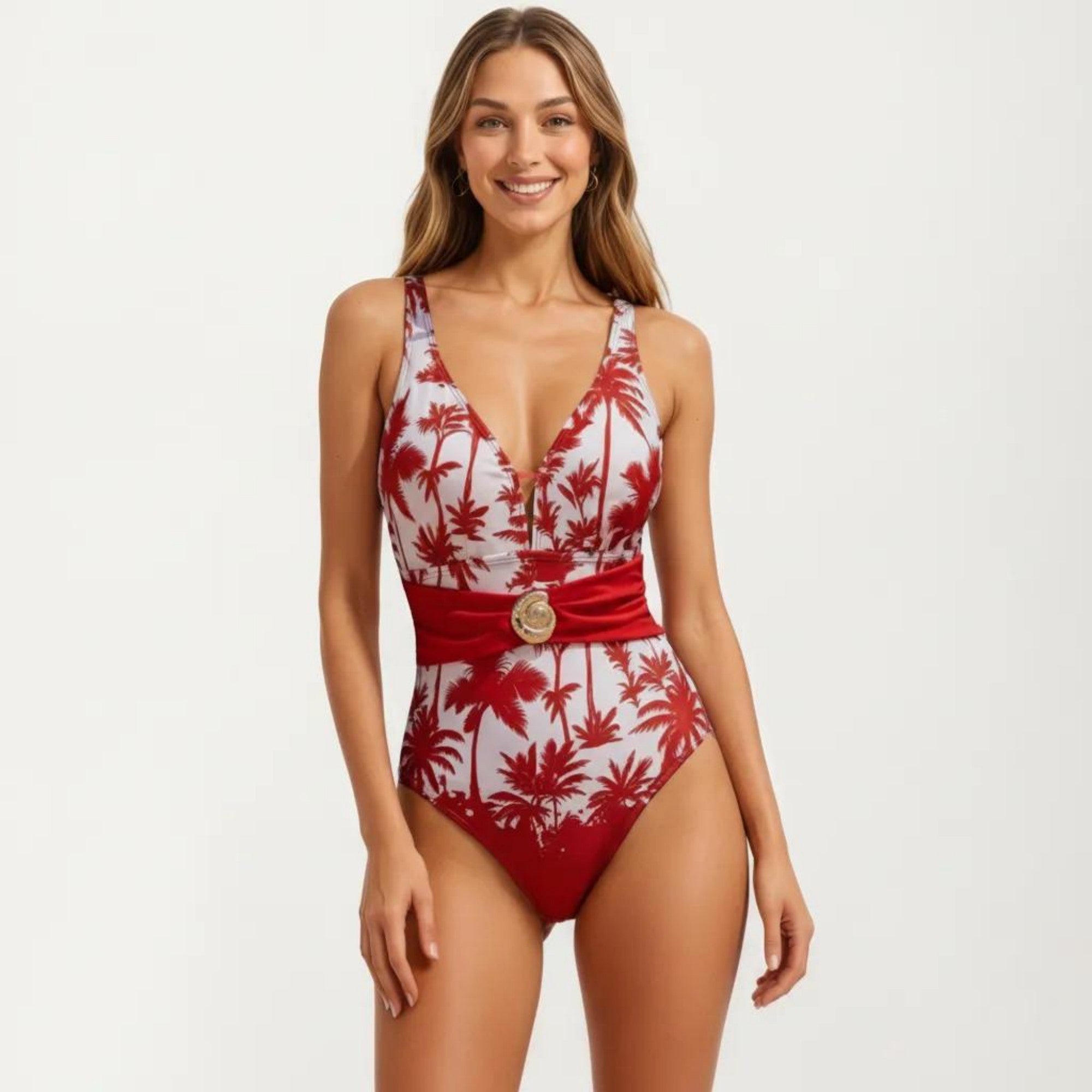 Anna-Kaci Women's One Piece Swimsuit with Palm Tree Print V Neck Wide Strap Waist Detail Slim Fit