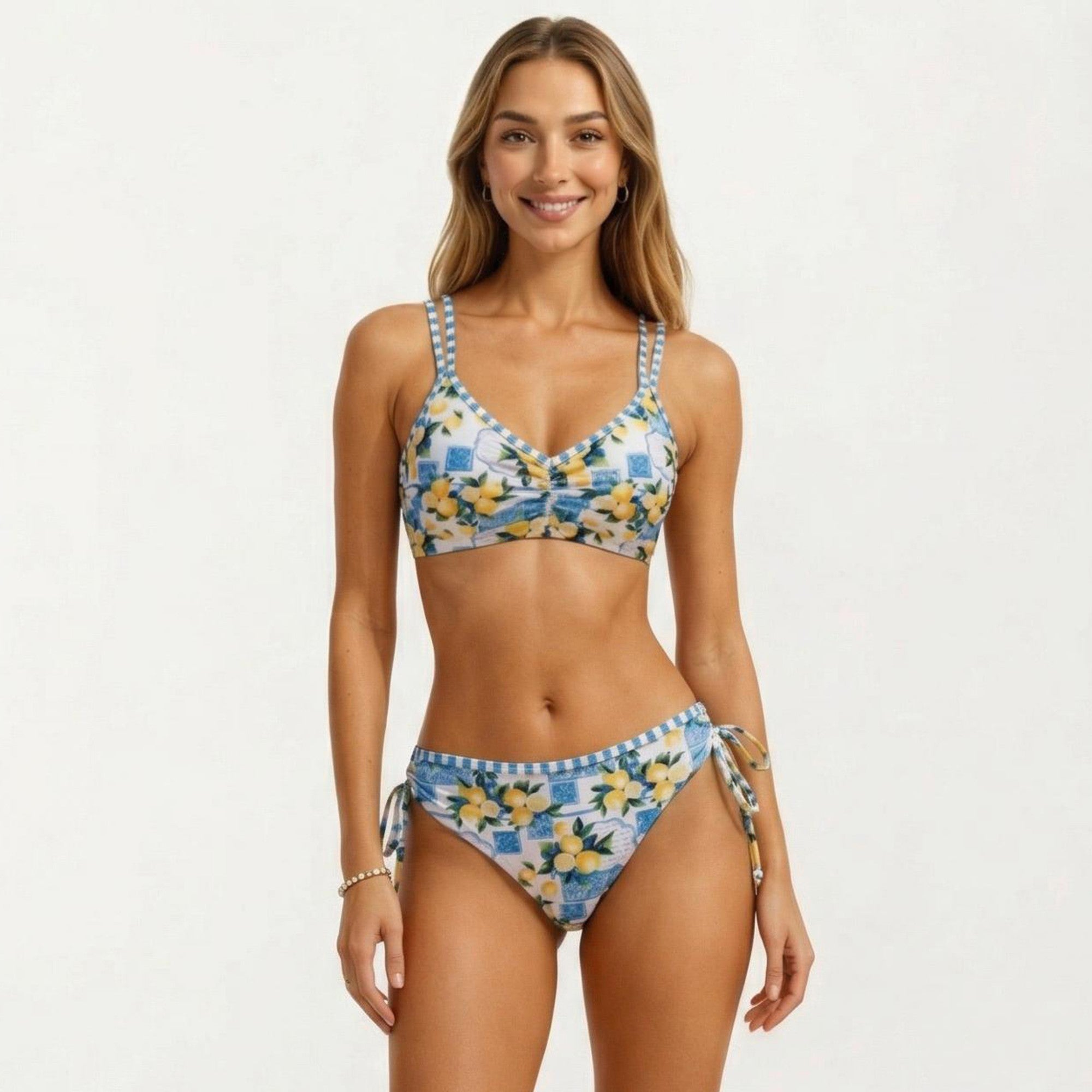 Anna-Kaci Women's 2-Piece Bikini Set with Double Strap Top Side Tie Bottom Floral Print V Neck Adjustable Fit