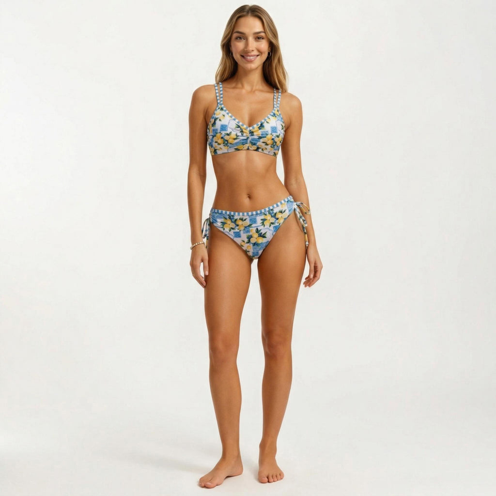 Anna-Kaci Women's 2-Piece Bikini Set with Double Strap Top Side Tie Bottom Floral Print V Neck Adjustable Fit