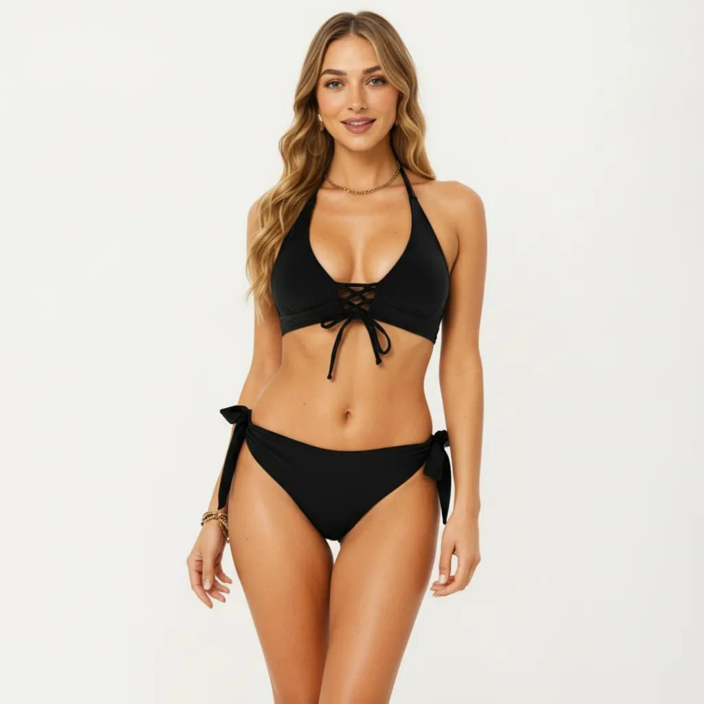 Anna-Kaci Women's 2-Piece Bikini Set with Lace Up Front Tie Top Halter Neck Side Tie Bottom Adjustable Fit