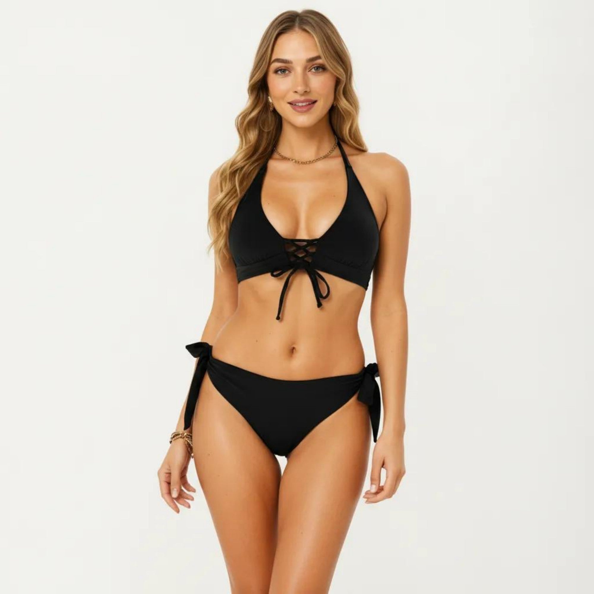 Anna-Kaci Women's 2-Piece Bikini Set with Lace Up Front Tie Top Halter Neck Side Tie Bottom Adjustable Fit