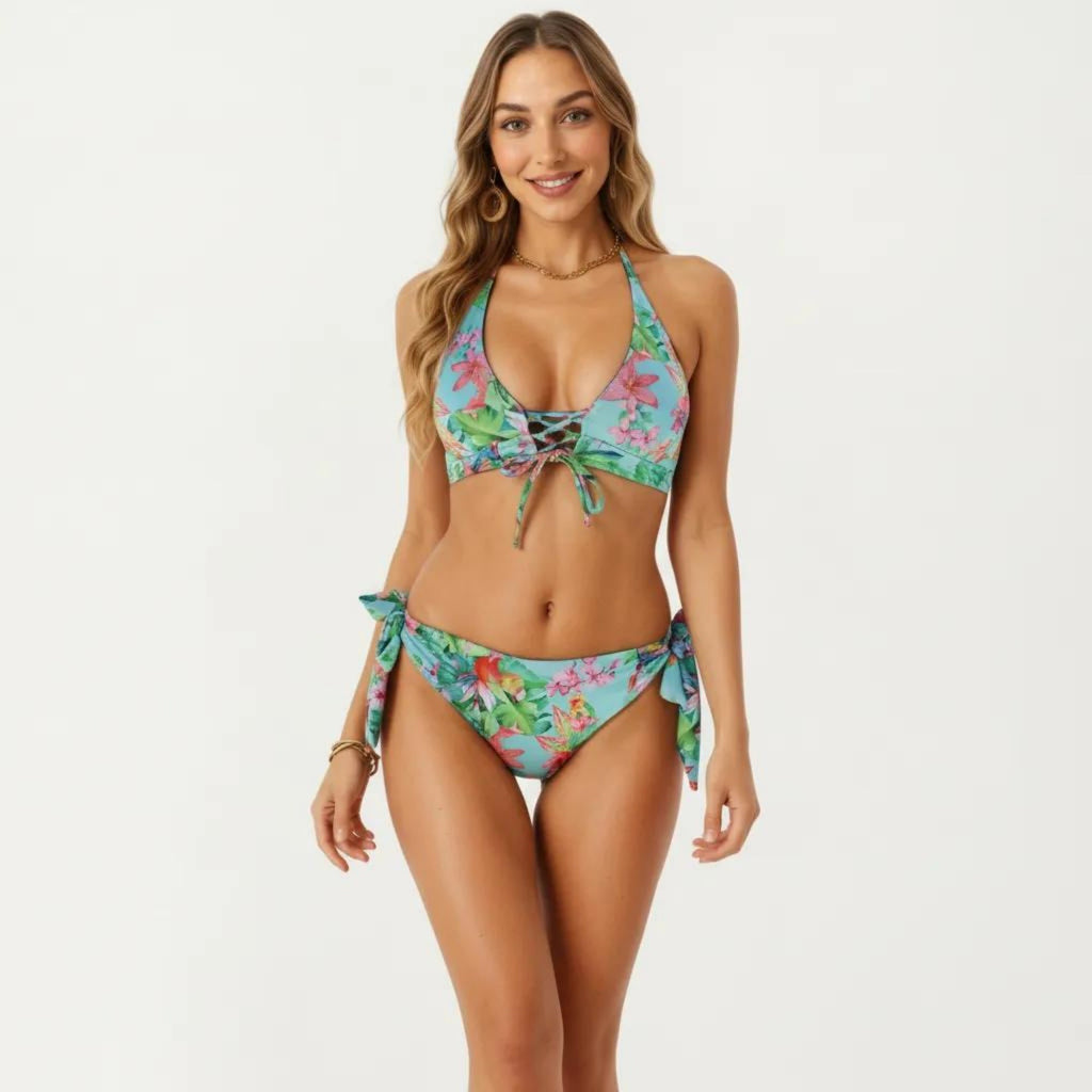 Anna-Kaci Women's 2-Piece Bikini Set with Lace Up Front Tie Top Halter Neck Side Tie Bottom Adjustable Fit