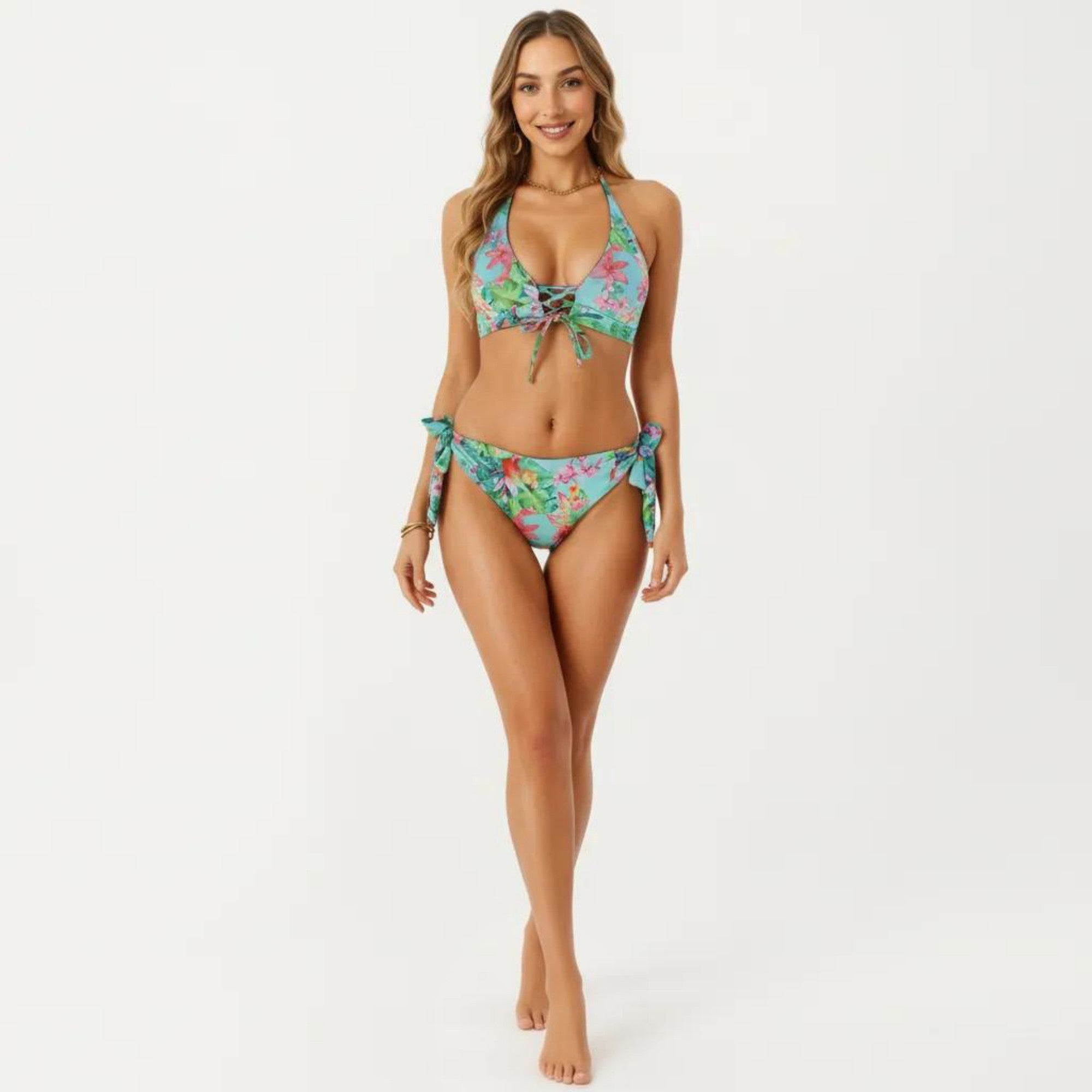 Anna-Kaci Women's 2-Piece Bikini Set with Lace Up Front Tie Top Halter Neck Side Tie Bottom Adjustable Fit