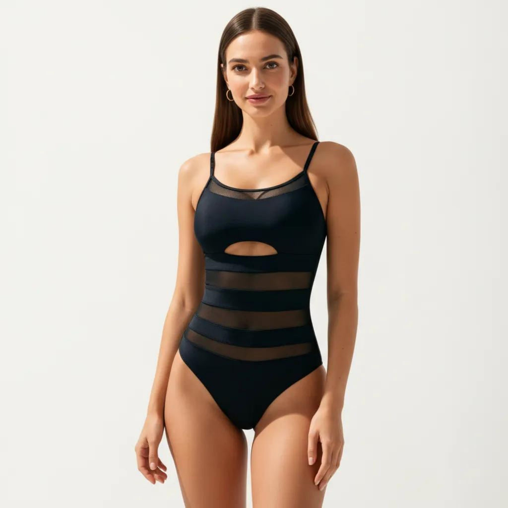 Anna-Kaci Women's One Piece Swimsuit with Mesh Panel Cutout Design Scoop Neck Adjustable Straps Slim Fit
