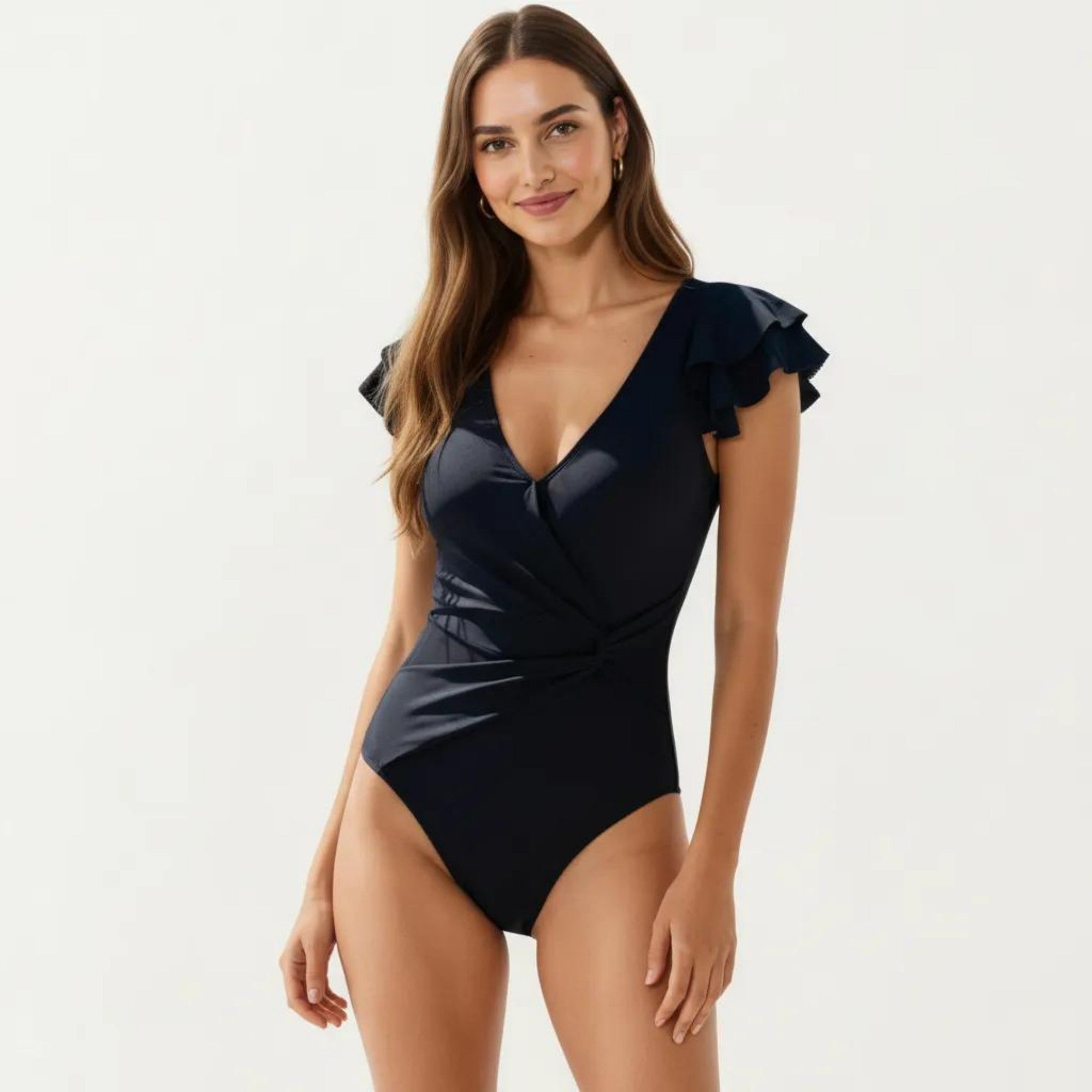 Anna-Kaci Women's One Piece Swimsuit with Wrap Front V Neck Ruffle Sleeve Design Ruched Waist Slim Fit