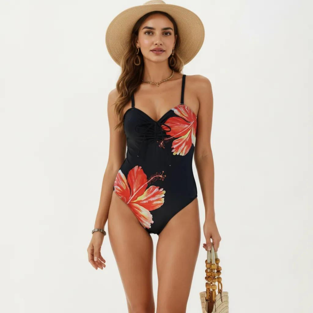 Anna-Kaci Women's One Piece Swimsuit with Sweetheart Neck Front Drawstring Detail Floral Print Slim Fit