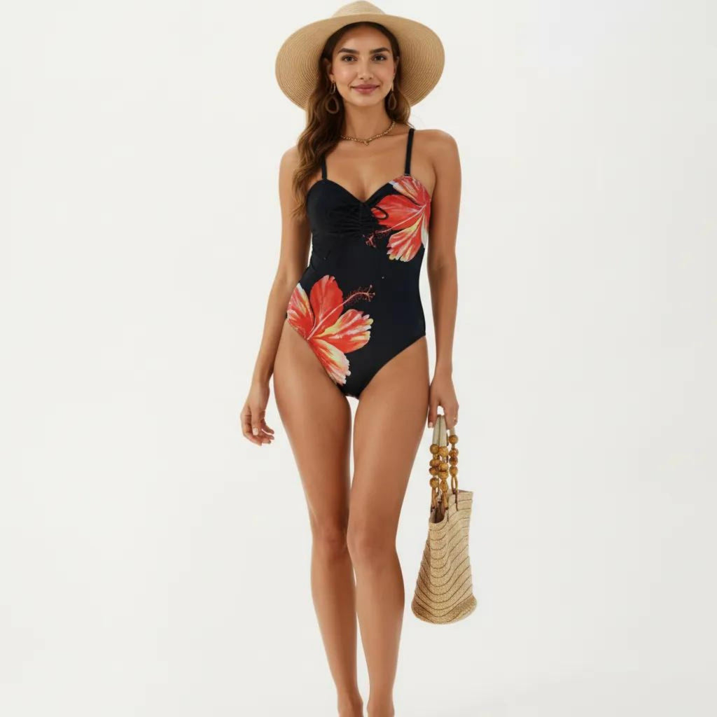 Anna-Kaci Women's One Piece Swimsuit with Sweetheart Neck Front Drawstring Detail Floral Print Slim Fit