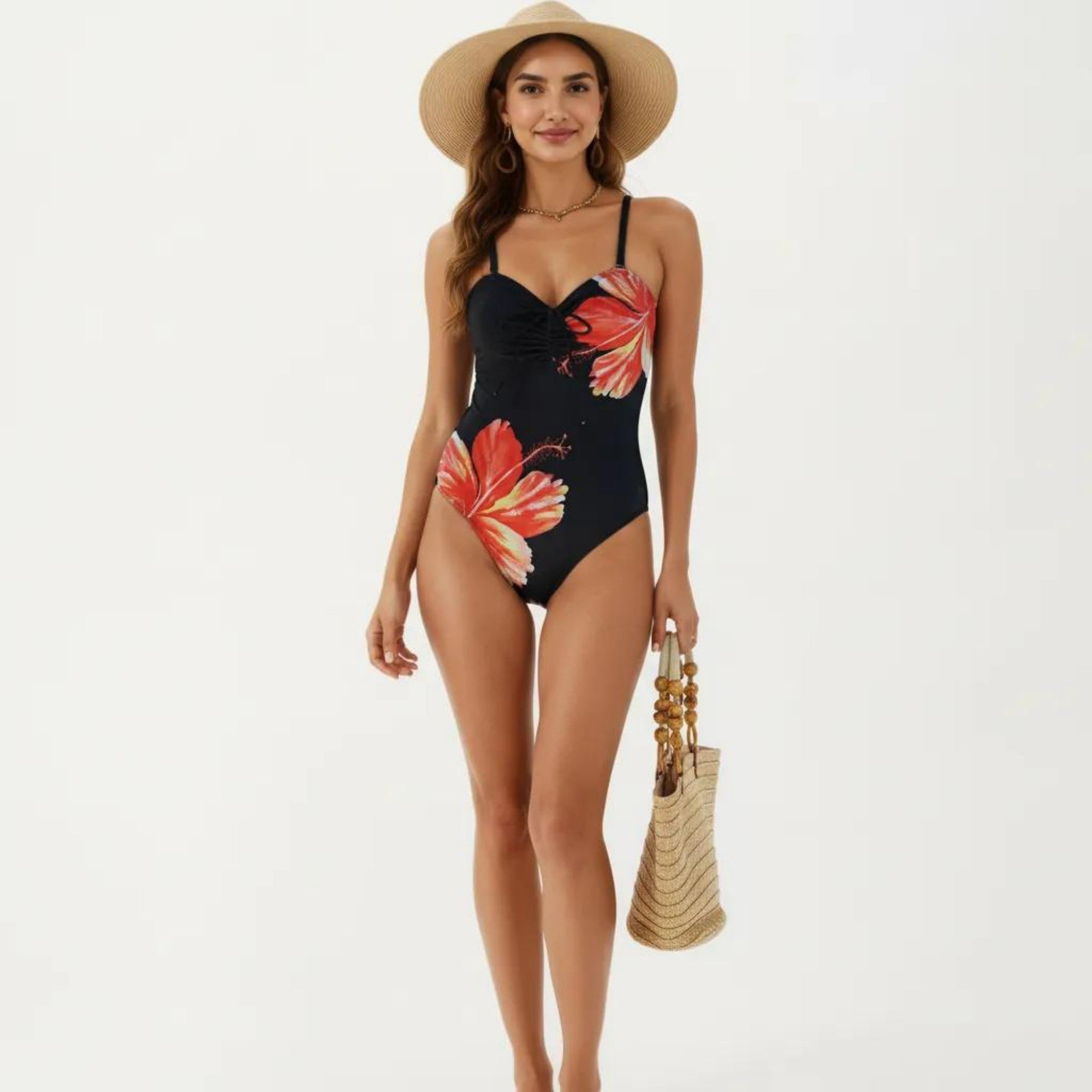 Anna-Kaci Women's One Piece Swimsuit with Sweetheart Neck Front Drawstring Detail Floral Print Slim Fit