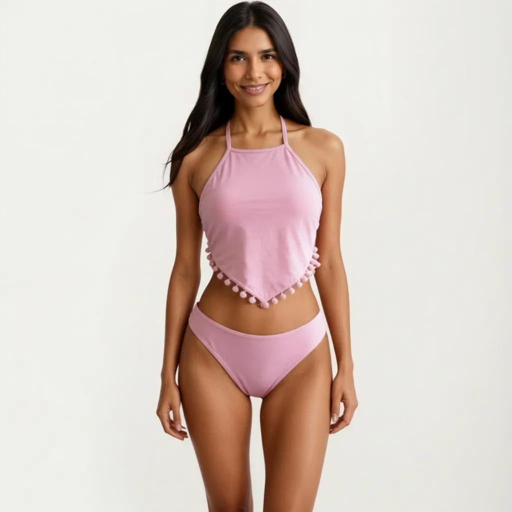 Anna-Kaci Women's 2-Piece Halter Bikini Set with High Neck Handkerchief Top Pom Trim Detail Tie Back Bottom
