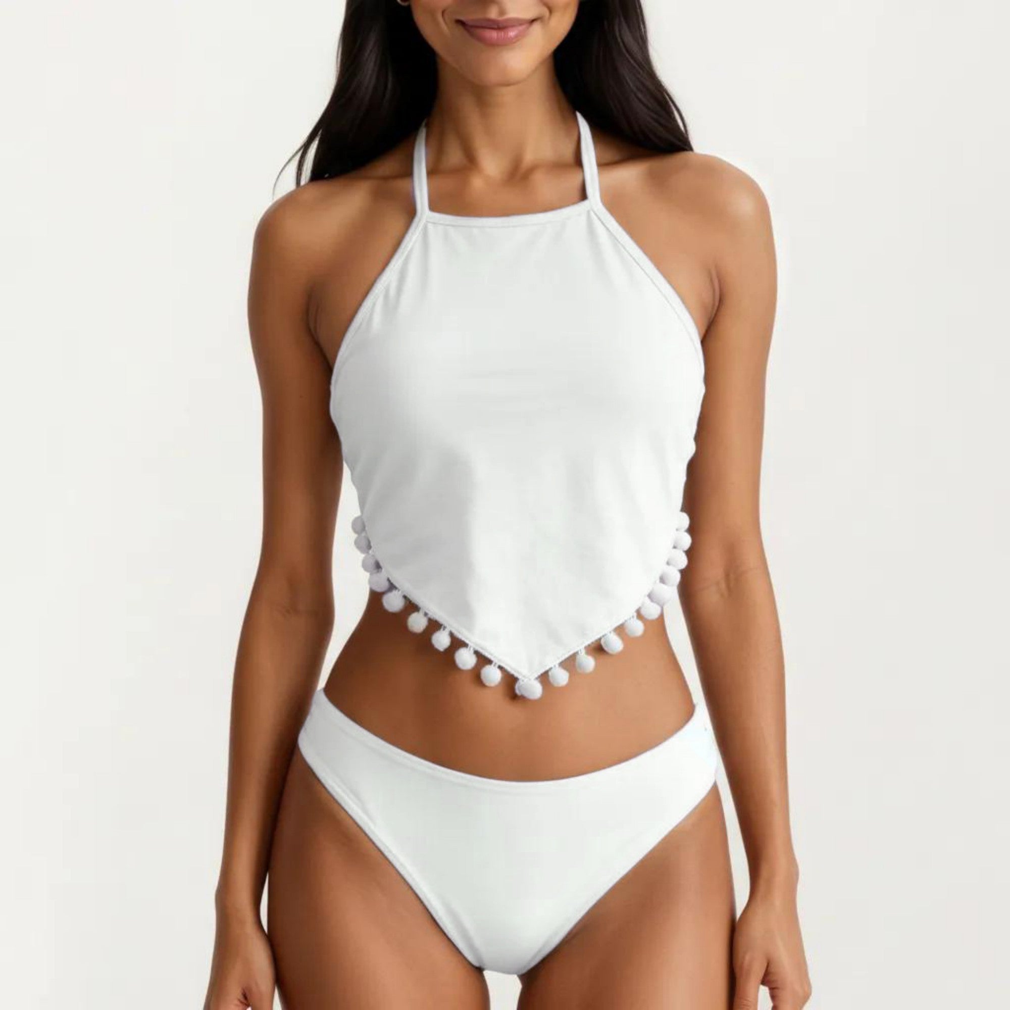 Anna-Kaci Women's 2-Piece Halter Bikini Set with High Neck Handkerchief Top Pom Trim Detail Tie Back Bottom