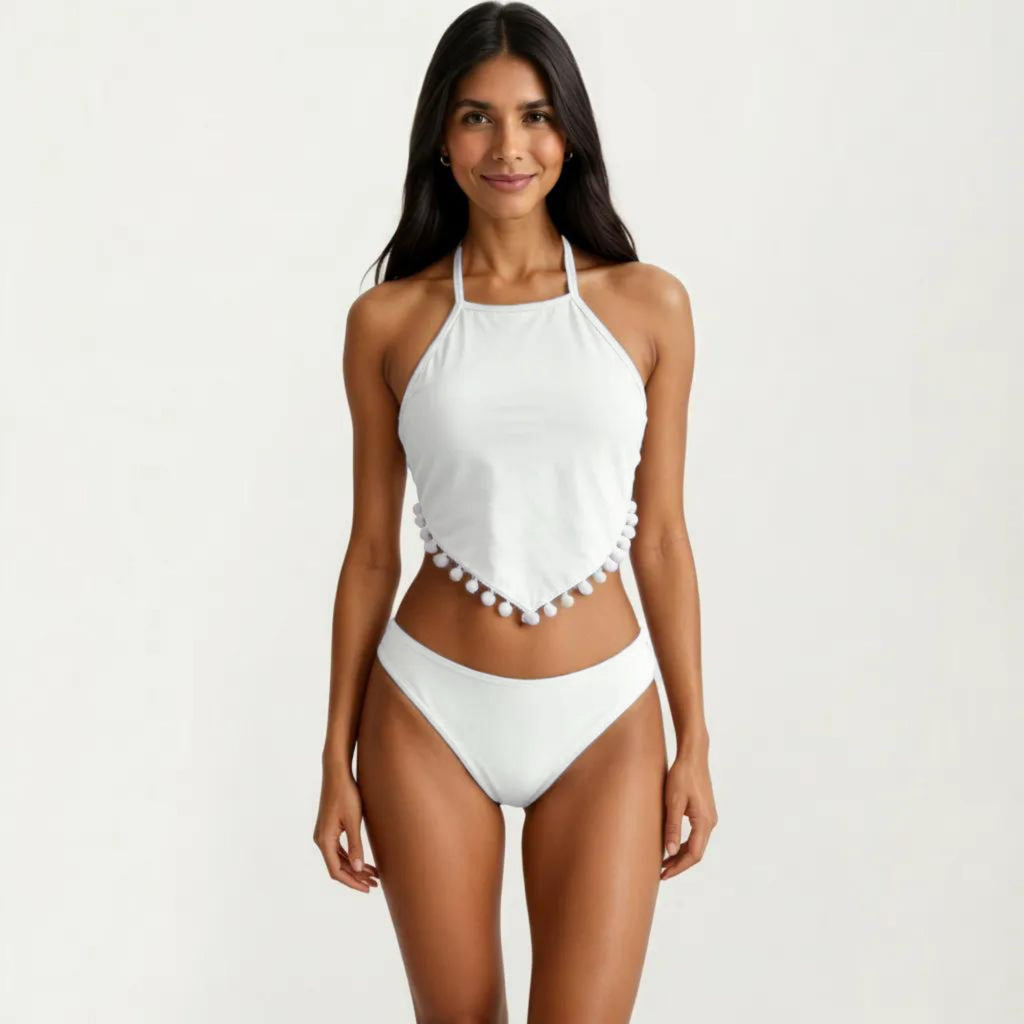 Anna-Kaci Women's 2-Piece Halter Bikini Set with High Neck Handkerchief Top Pom Trim Detail Tie Back Bottom