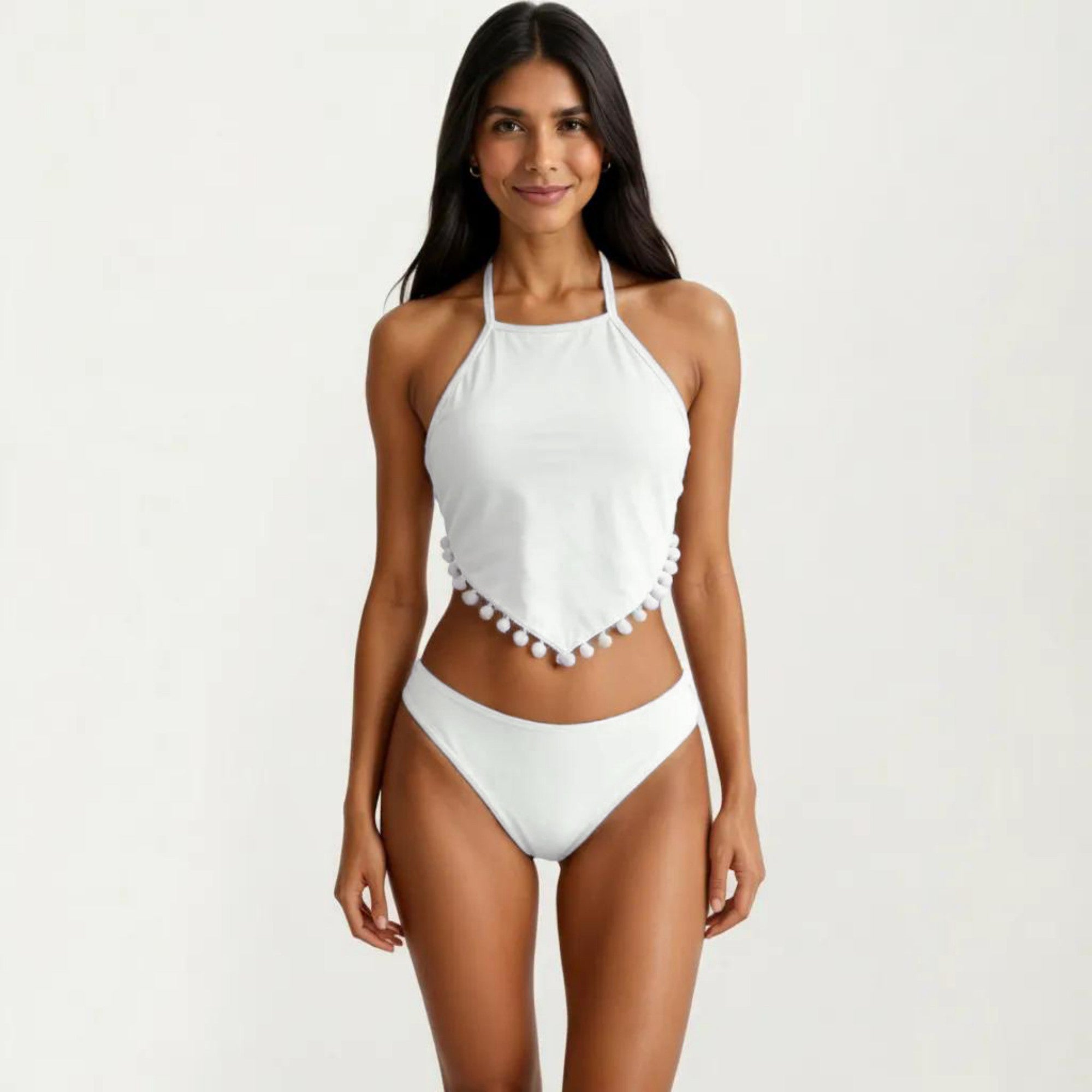 Anna-Kaci Women's 2-Piece Halter Bikini Set with High Neck Handkerchief Top Pom Trim Detail Tie Back Bottom