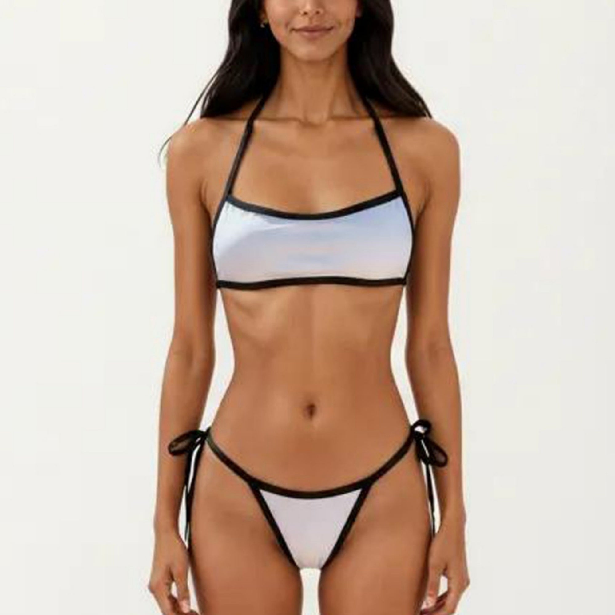 Anna-Kaci Women's 2-Piece Bikini Set with Straight Neck Sporty Top Contrast Trim Design Tie Side Bottom