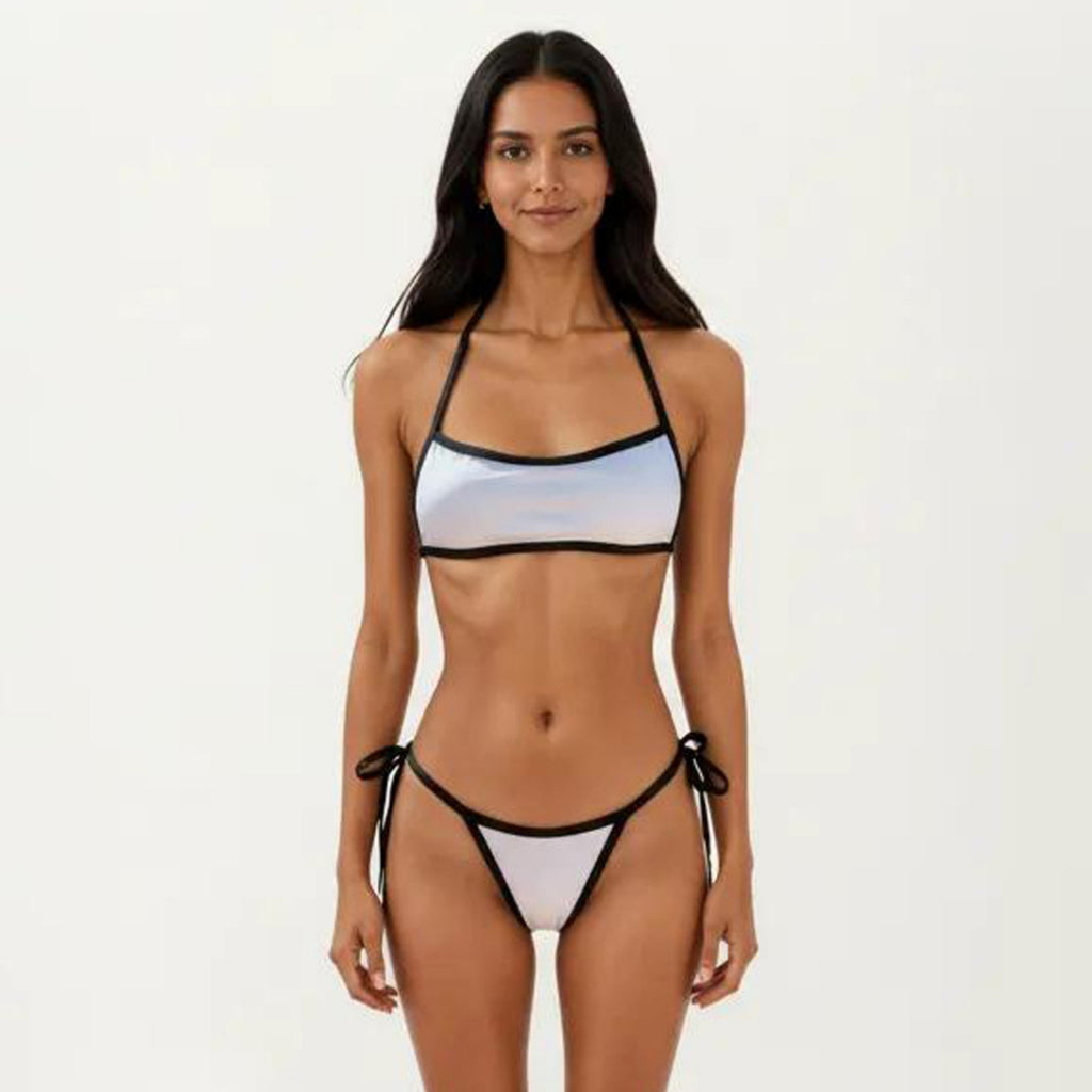 Anna-Kaci Women's 2-Piece Bikini Set with Straight Neck Sporty Top Contrast Trim Design Tie Side Bottom