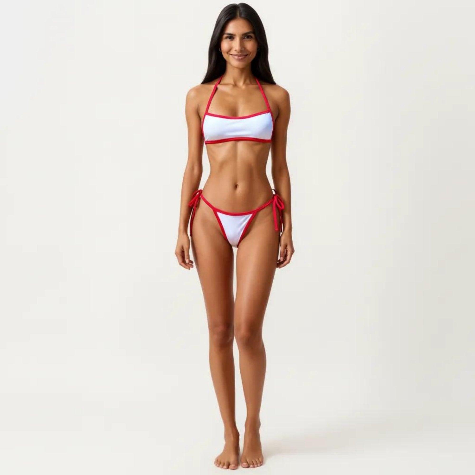 Anna-Kaci Women's 2-Piece Bikini Set with Straight Neck Sporty Top Contrast Trim Design Tie Side Bottom