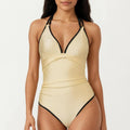 Anna-Kaci Women's One Piece Swimsuit with V Neck Trim Detail Double Strap Design Ruched Waist Slim Fit