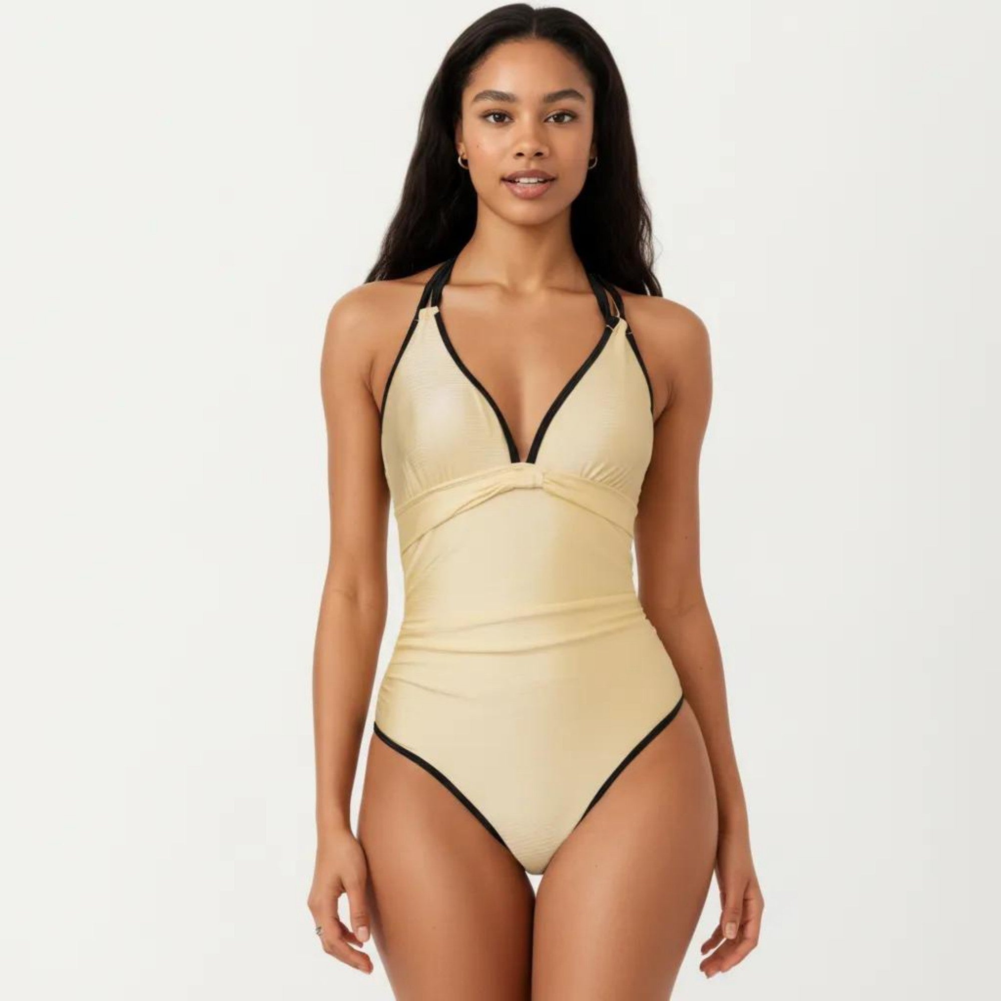Anna-Kaci Women's One Piece Swimsuit with V Neck Trim Detail Double Strap Design Ruched Waist Slim Fit