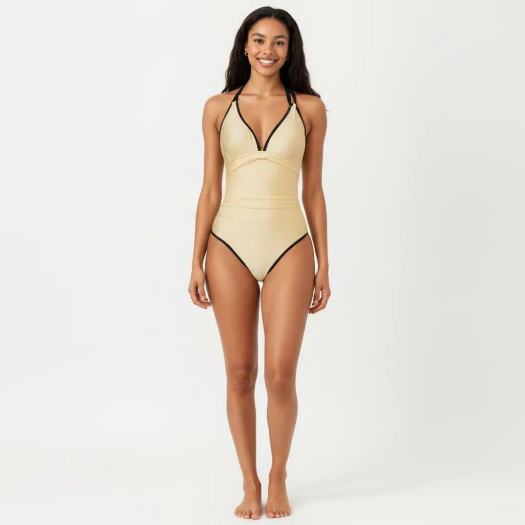 Anna-Kaci Women's One Piece Swimsuit with V Neck Trim Detail Double Strap Design Ruched Waist Slim Fit