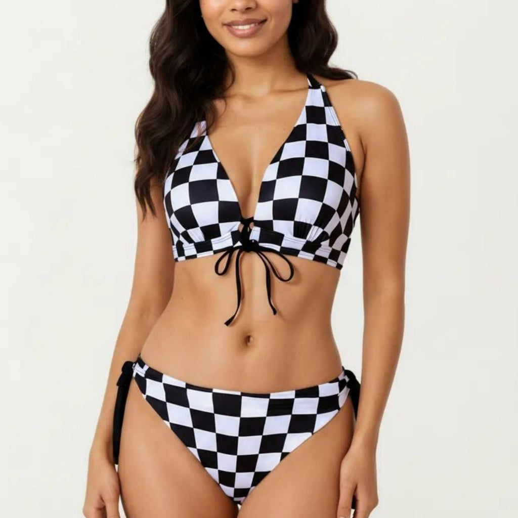 Anna-Kaci Women's 2-Piece Bikini Set with Halter Triangle Top Front Tie Detail Tie Side Bottom Checkered Print