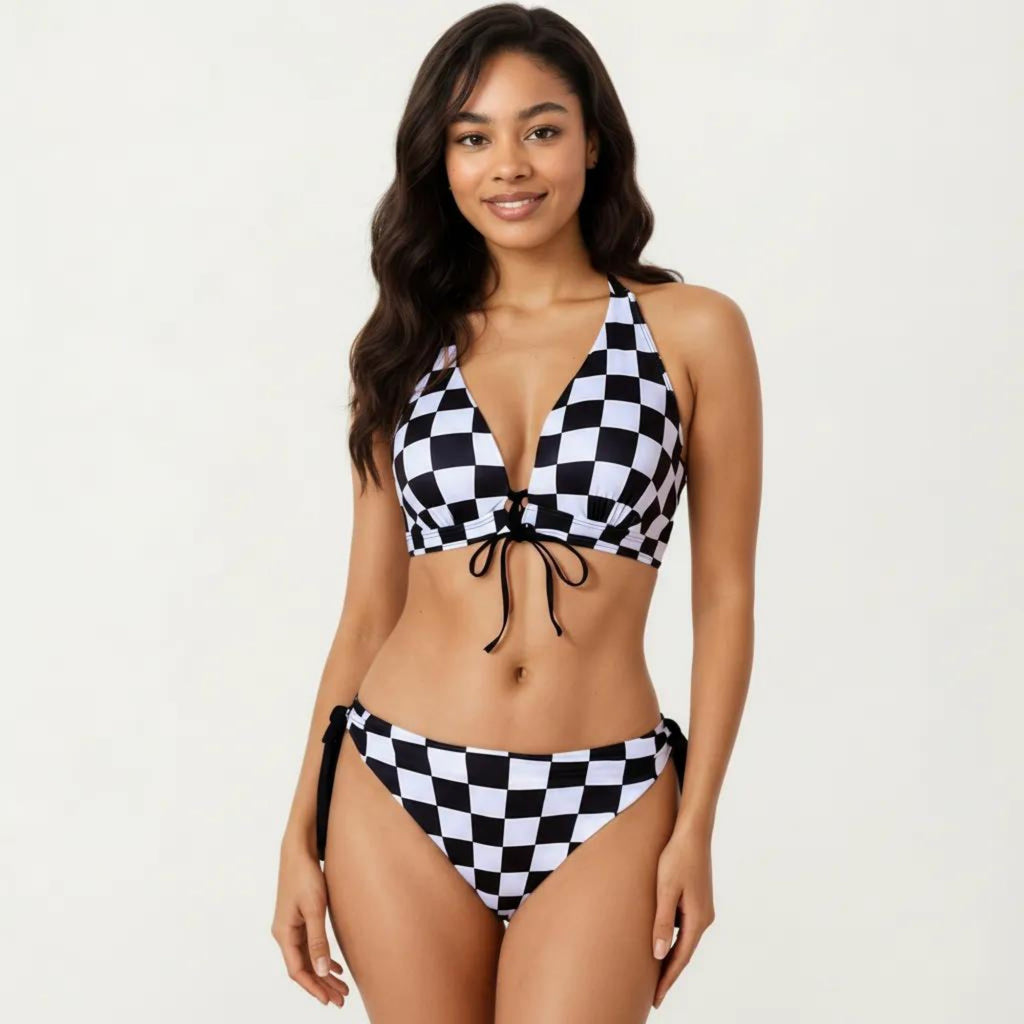 Anna-Kaci Women's 2-Piece Bikini Set with Halter Triangle Top Front Tie Detail Tie Side Bottom Checkered Print