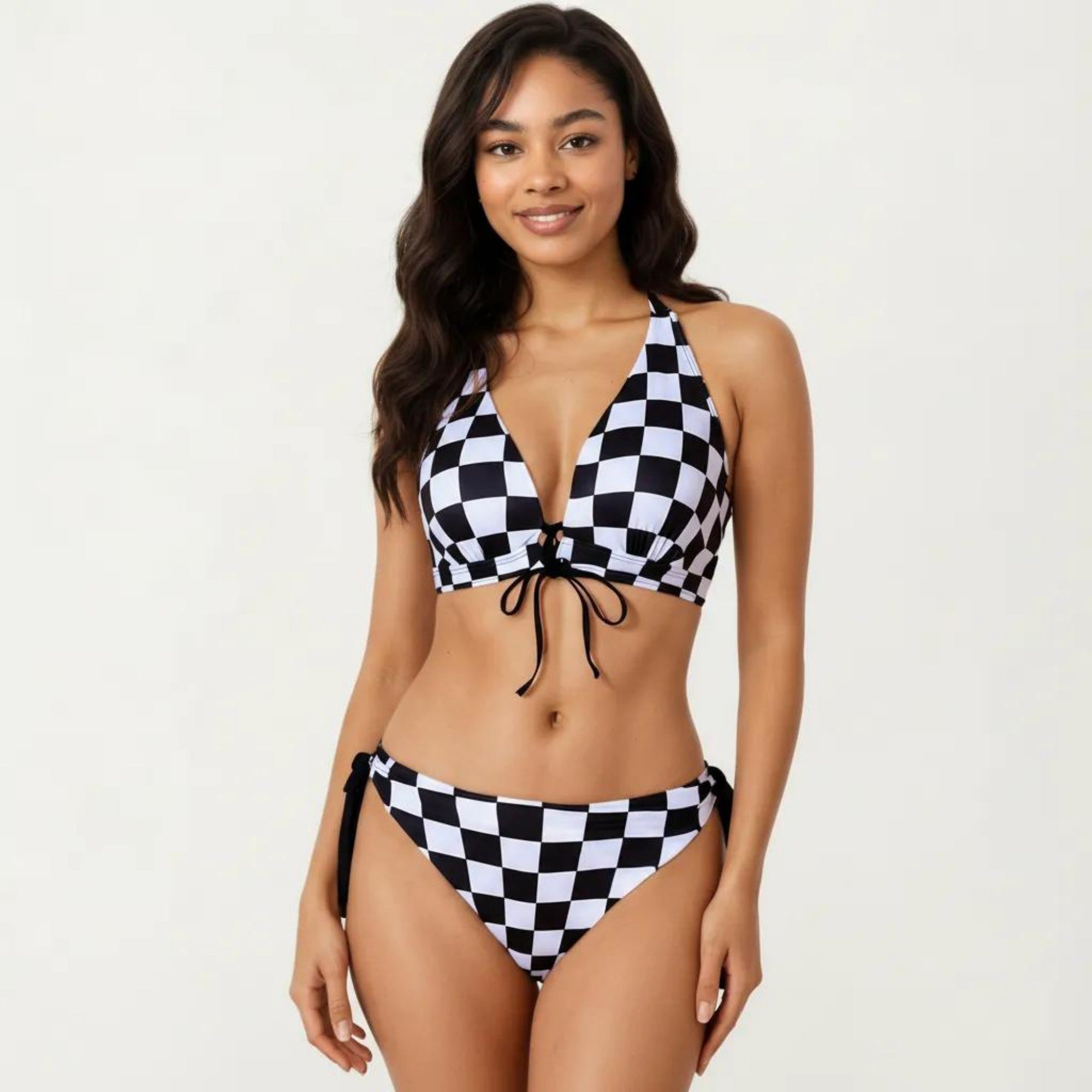 Anna-Kaci Women's 2-Piece Bikini Set with Halter Triangle Top Front Tie Detail Tie Side Bottom Checkered Print