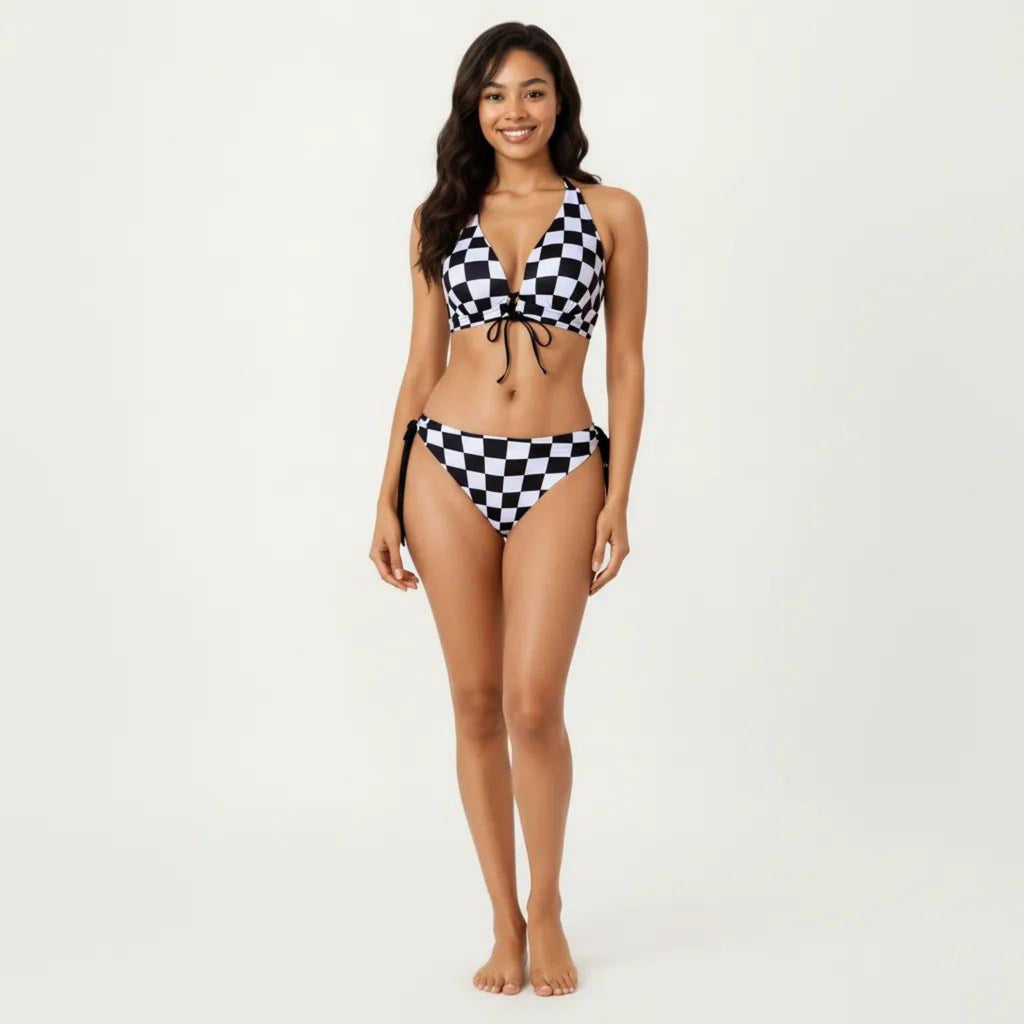 Anna-Kaci Women's 2-Piece Bikini Set with Halter Triangle Top Front Tie Detail Tie Side Bottom Checkered Print