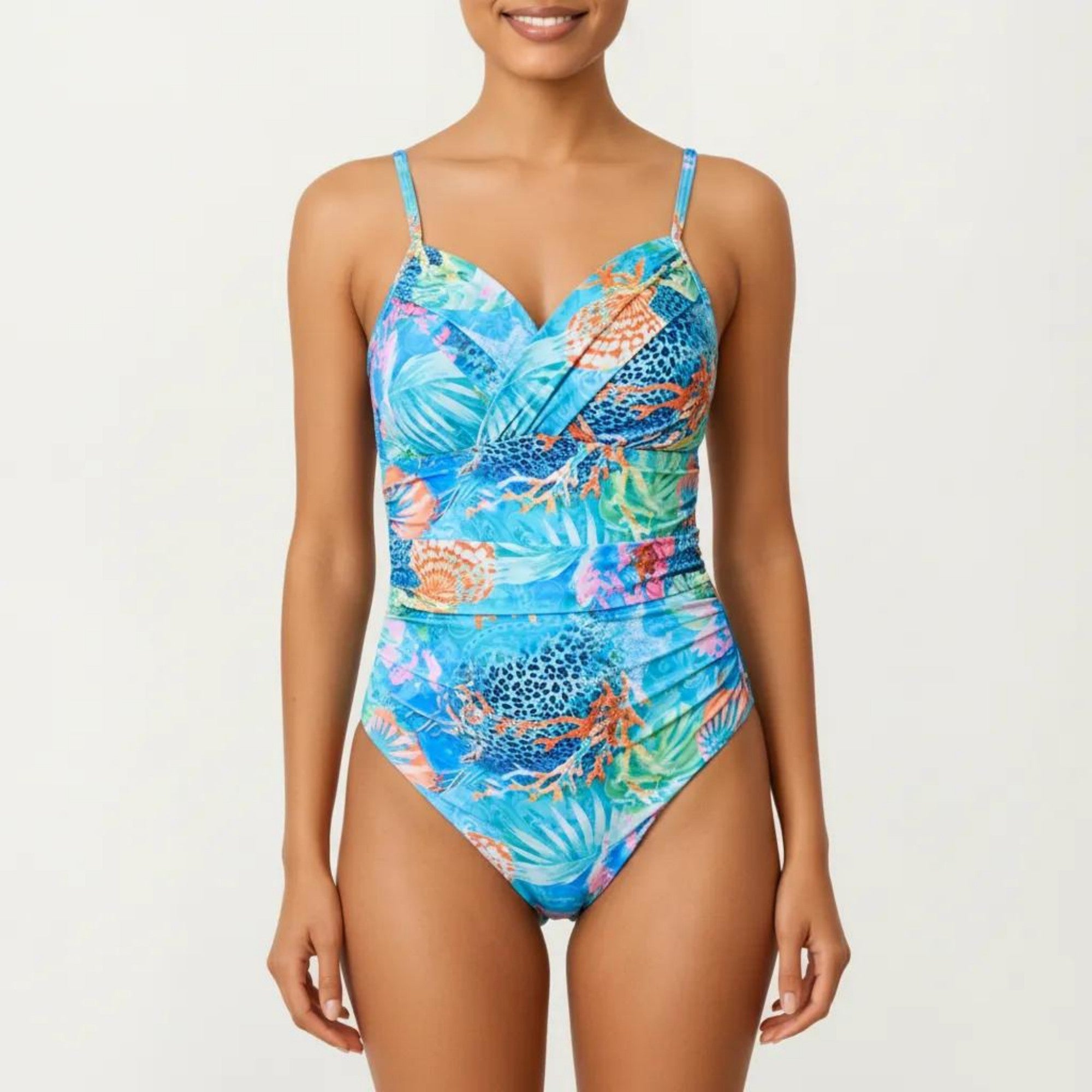 Anna-Kaci Women's One Piece Swimsuit with Wrap Front Design Ruched Waist Adjustable Strap Tropical Print